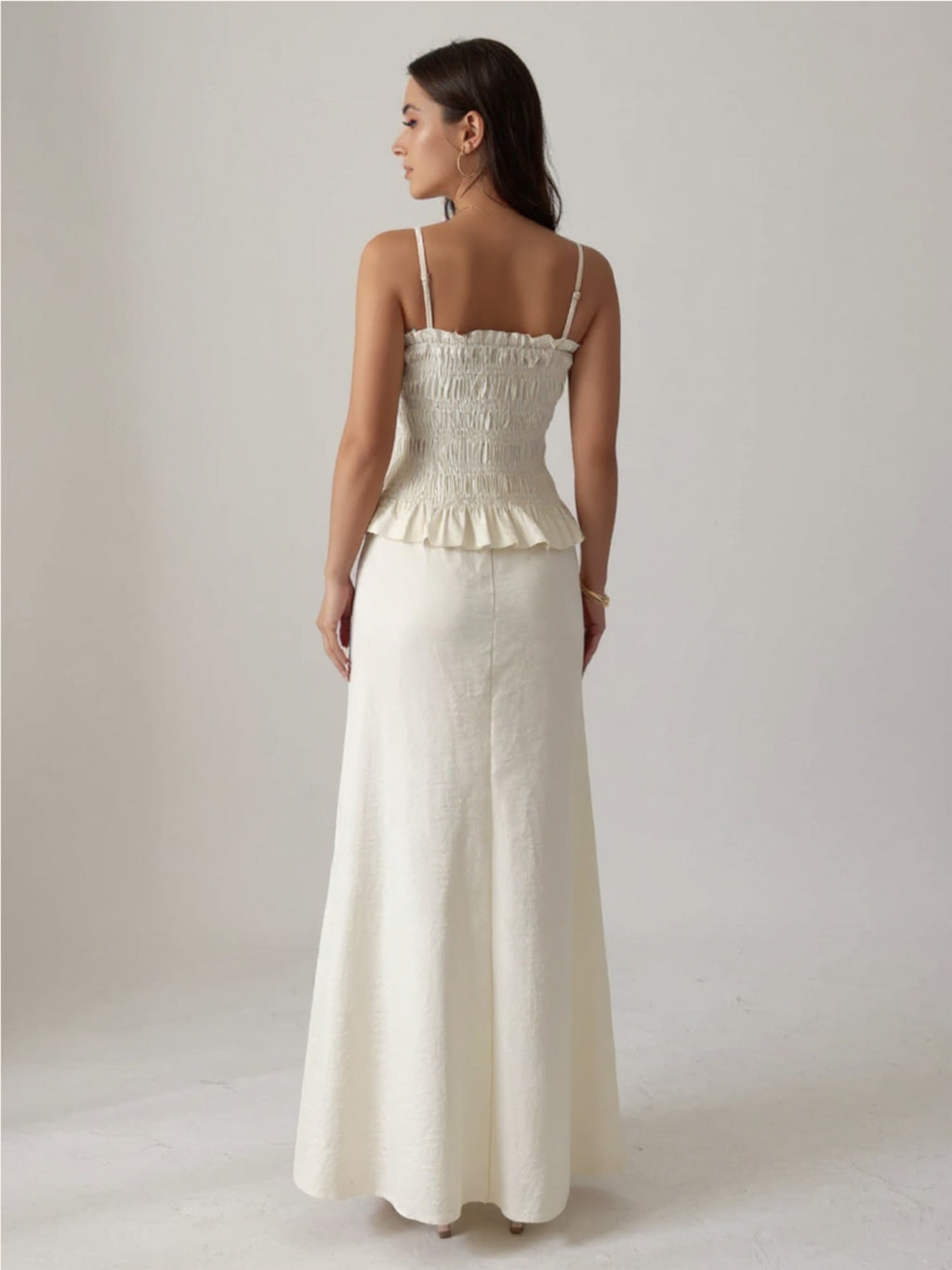 Beige Smocked Ruffled Hem Cami & Maxi Skirt Set