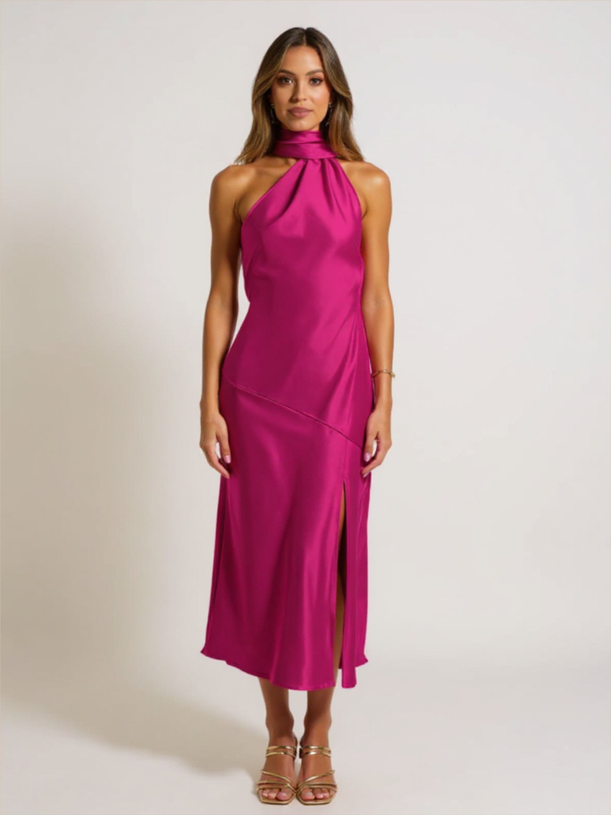 Hot Pink Backless Satin Dress
