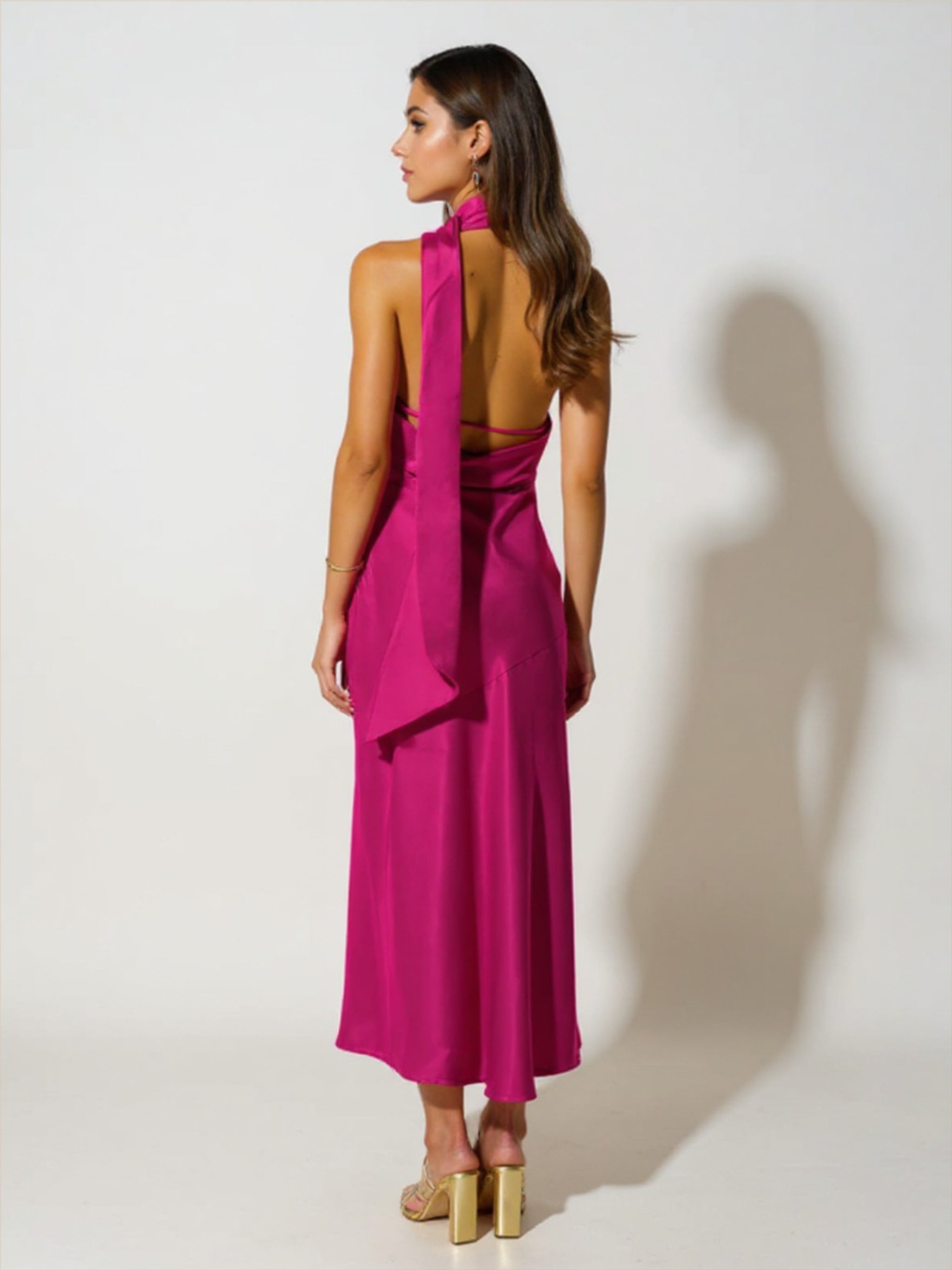 Hot Pink Backless Satin Dress