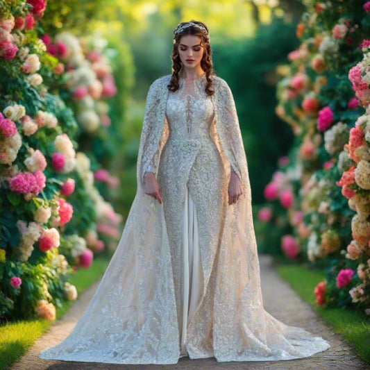 Long Sleeve Sequin Beaded Wedding Gown With Cape