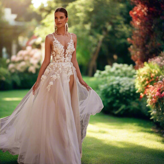 Tulle Deep V Wedding Gown with High Slit