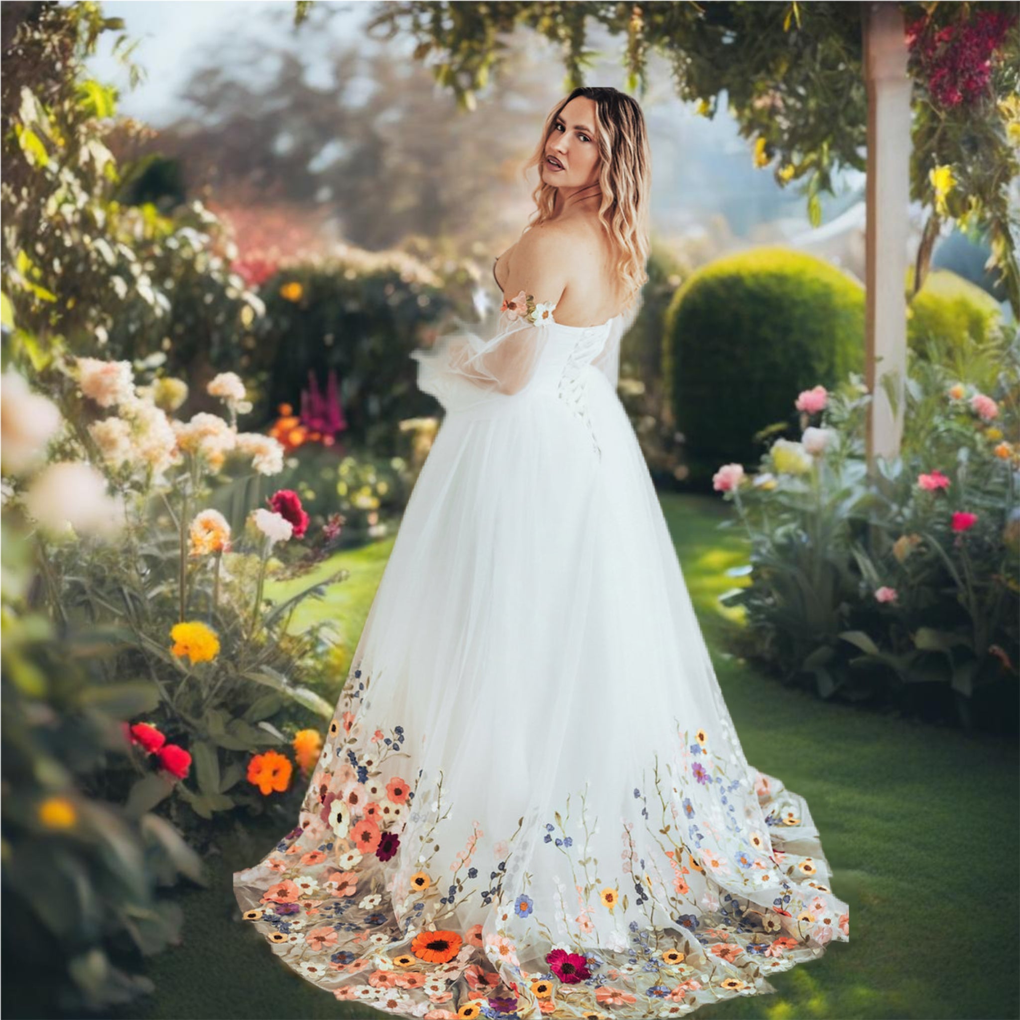 White Embroidered Floral Wedding Dress
