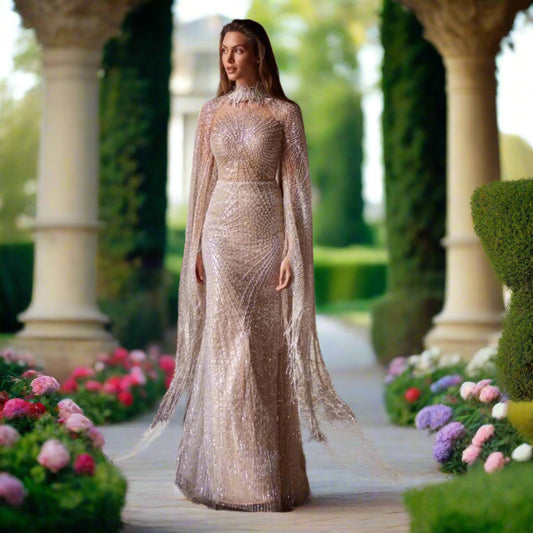 Beaded Wedding Gown with High Neck Cape