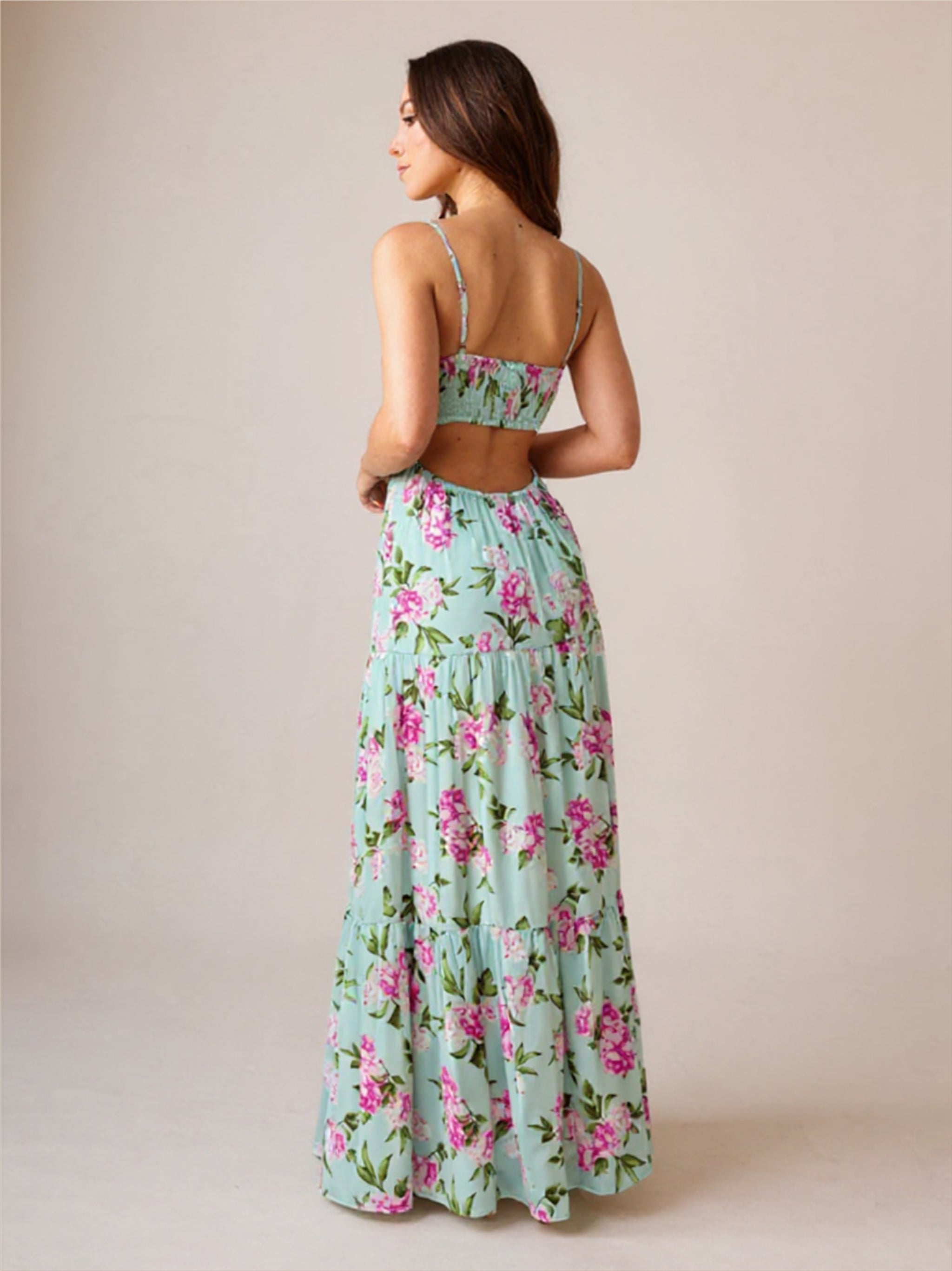 Backless Green Floral Maxi Dress