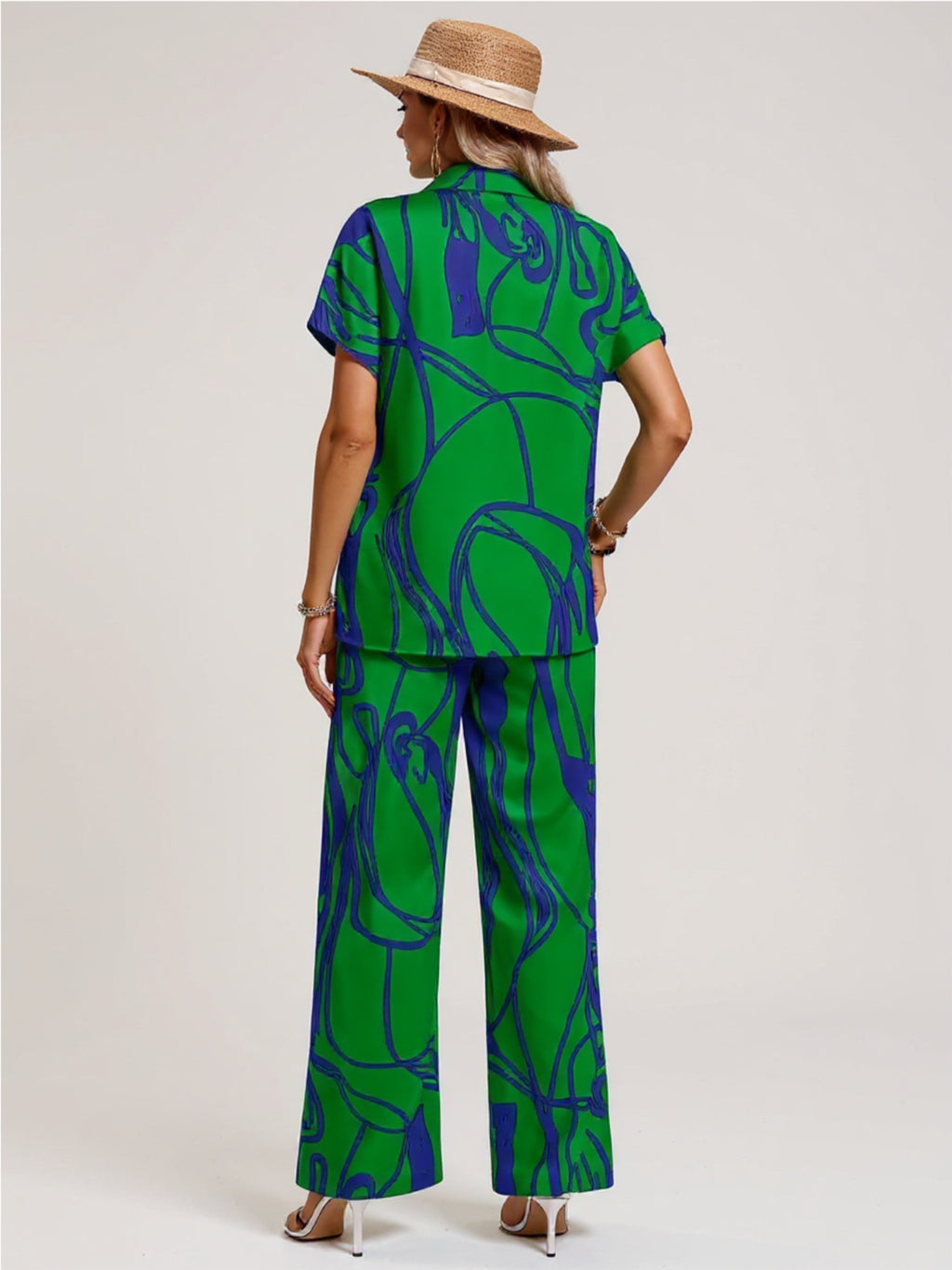 Green Printed Button Up Shirt & Pants Set