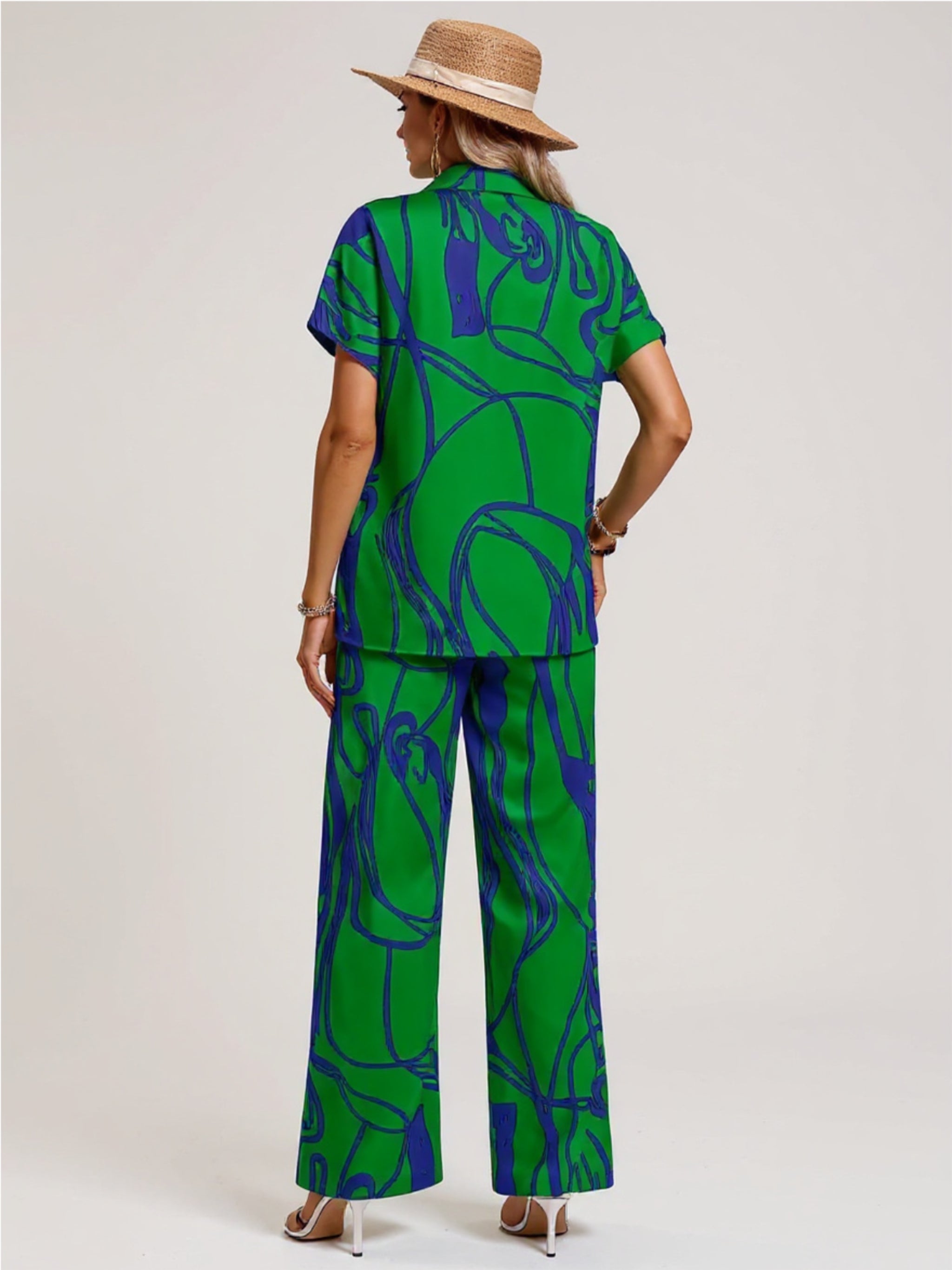Green Printed Button Up Shirt & Pants Set