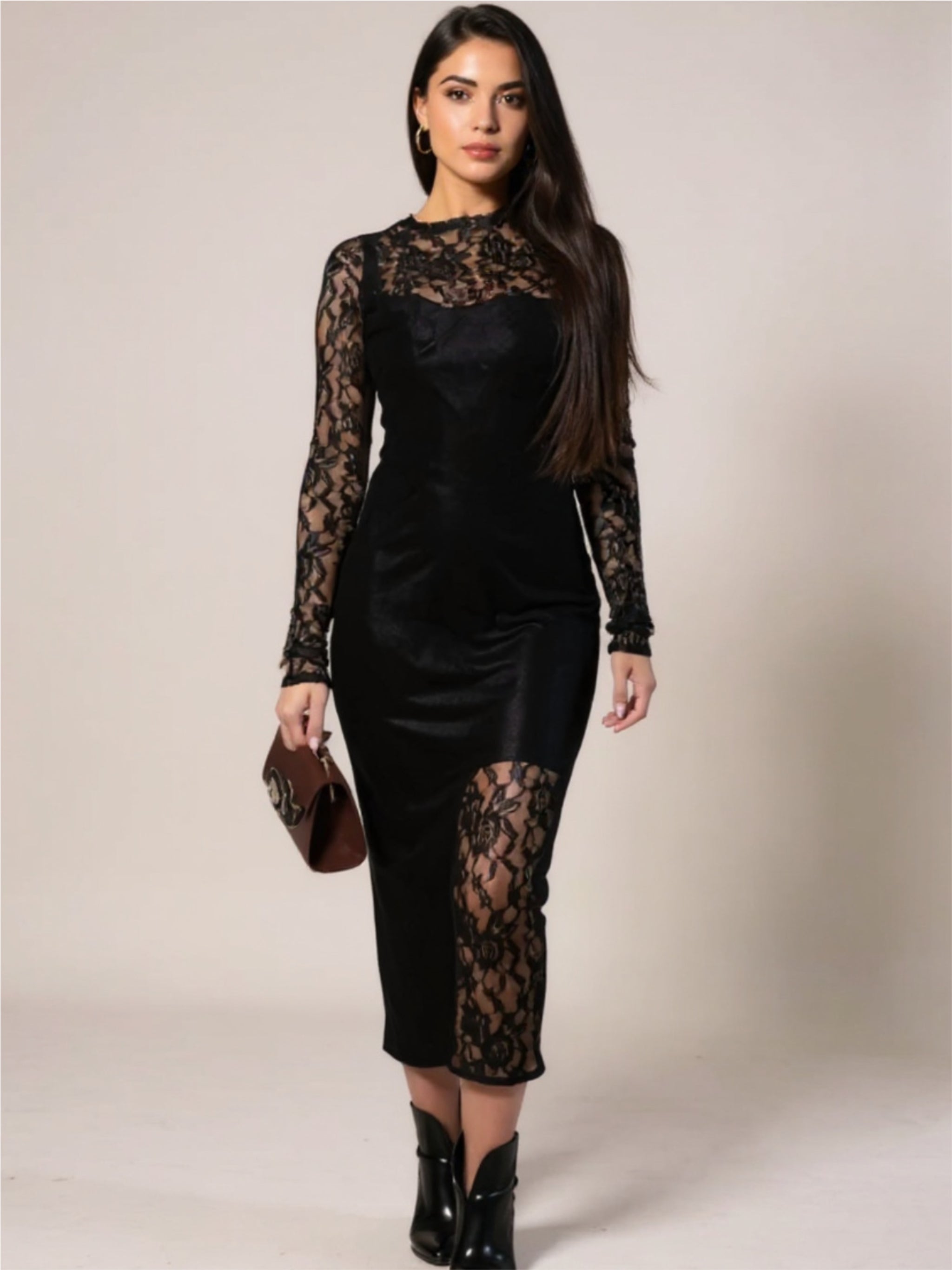 Black Lace Round Neck Long Sleeve Midi Dress