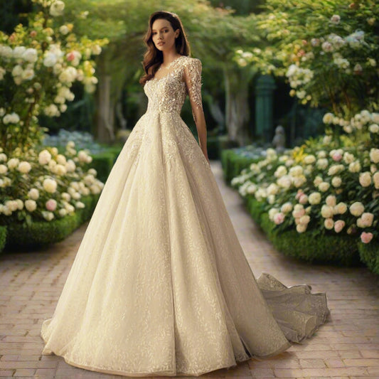 Full Sleeve Sequined Tulle Bridal Dress