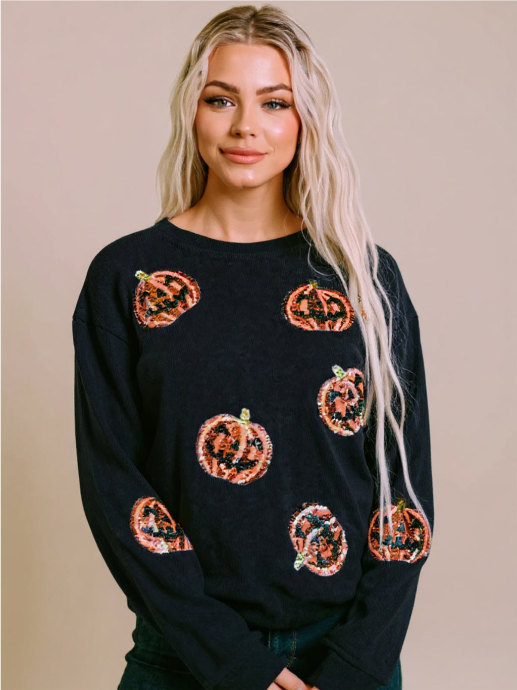 Sequin Patch Pumpkin Round Neck Sweatshirt