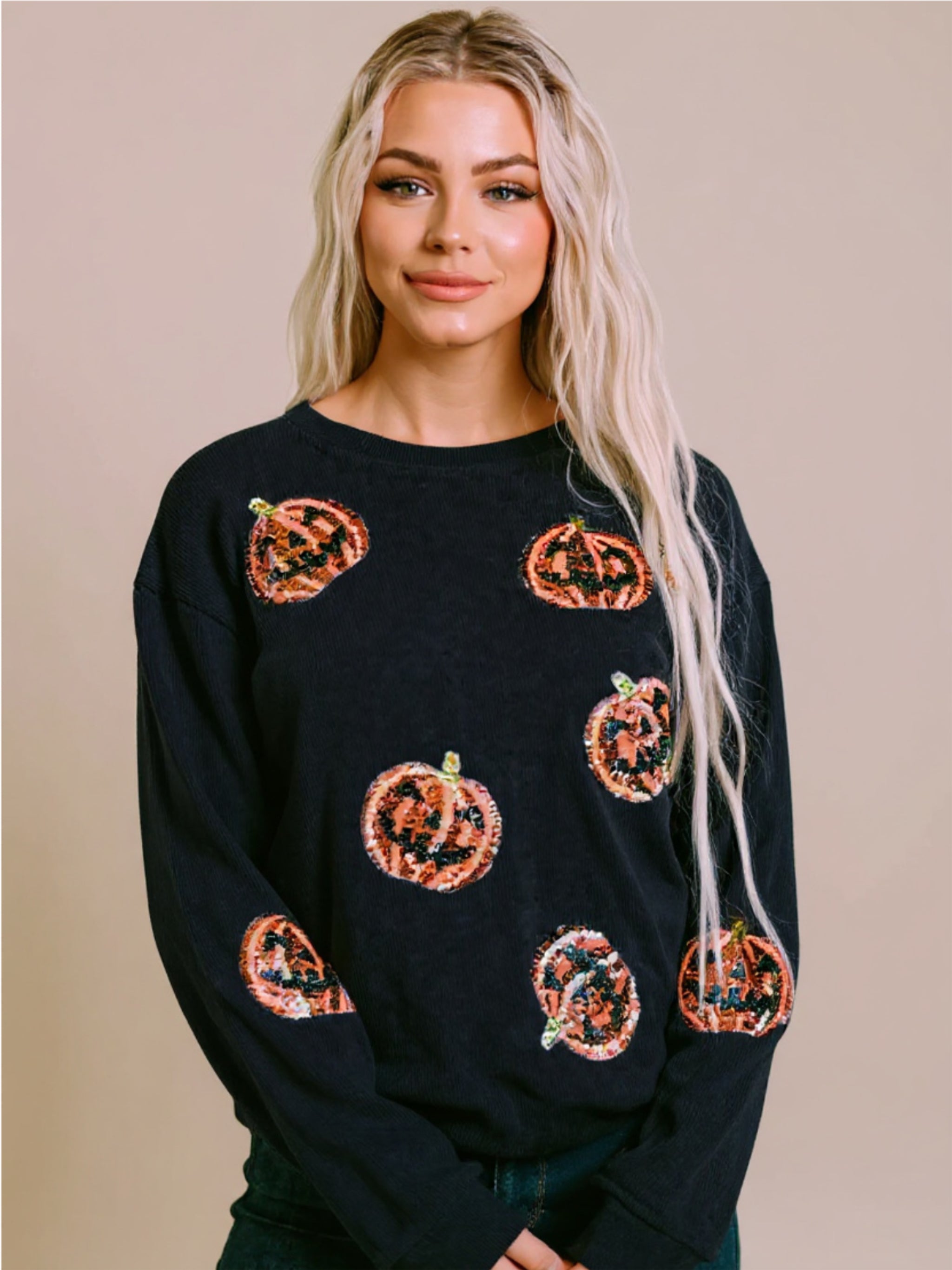 Sequin Patch Pumpkin Round Neck Sweatshirt