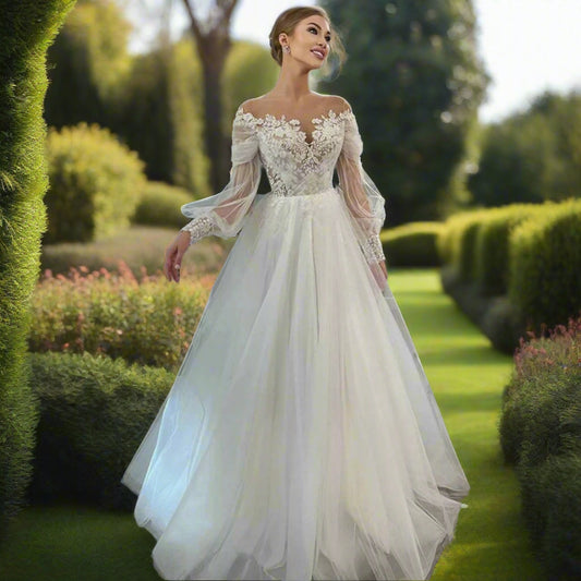 Off Shoulder Tulle Wedding Dress