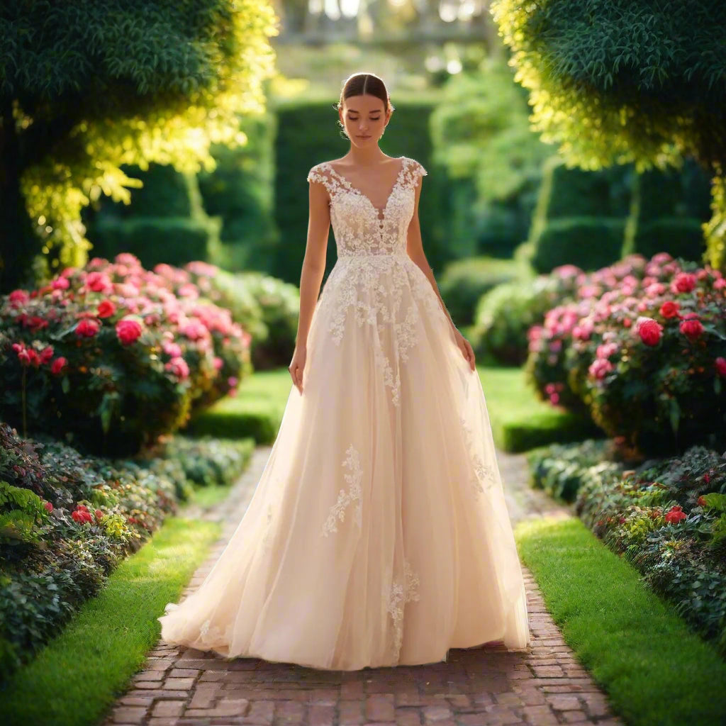 Cap Sleeve Lace V-Neck Wedding Dress
