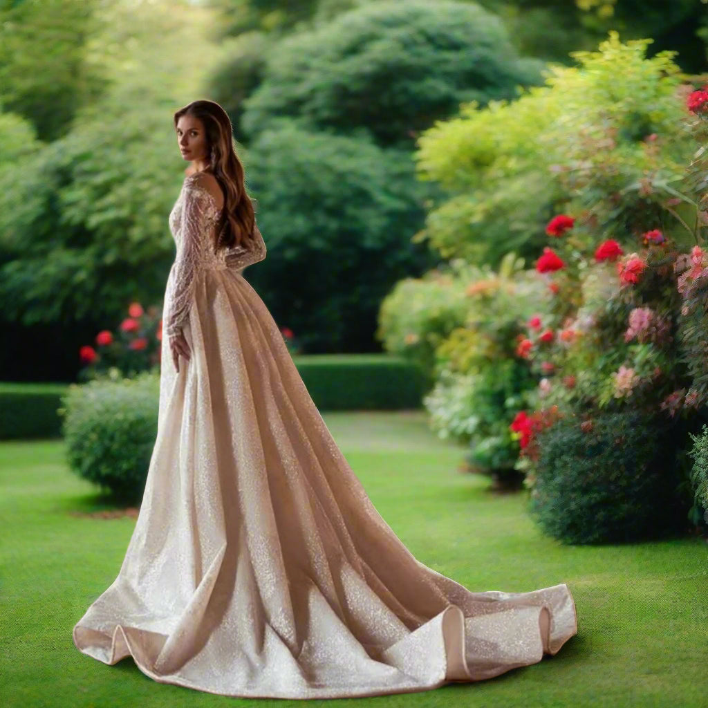2 in 1 Beaded & Lace Long Sleeve Wedding Dress With Detachable Train