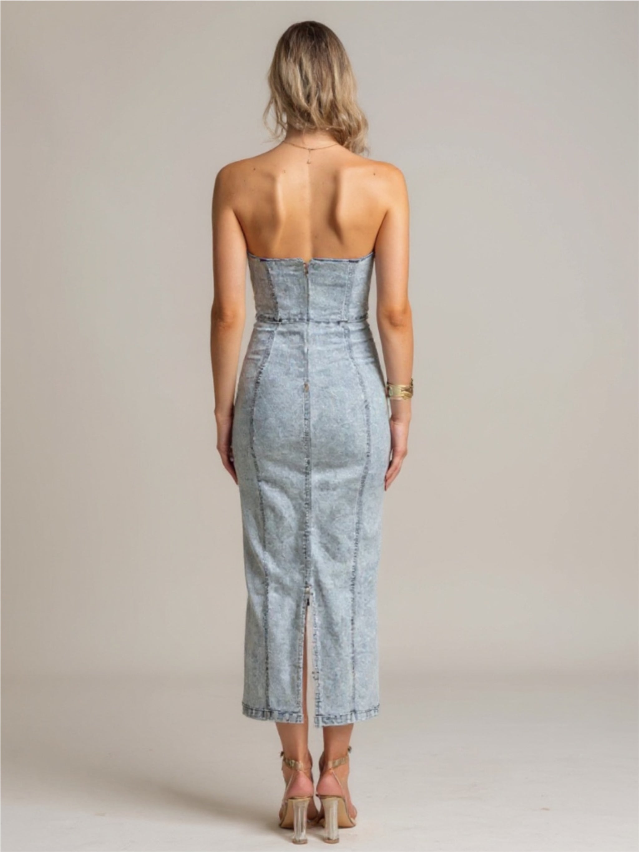 Washed Slit Back Strapless Denim Dress