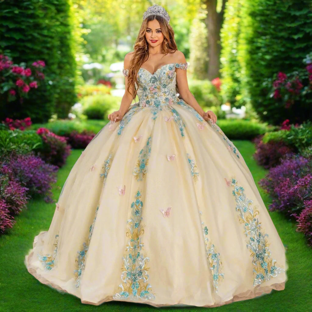 Off The Shoulder Sweetheart Backless Beaded Floral Quinceanera Ball Gown