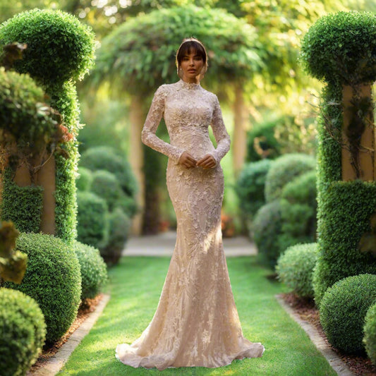 High Collar Long Sleeve Bridal Gown