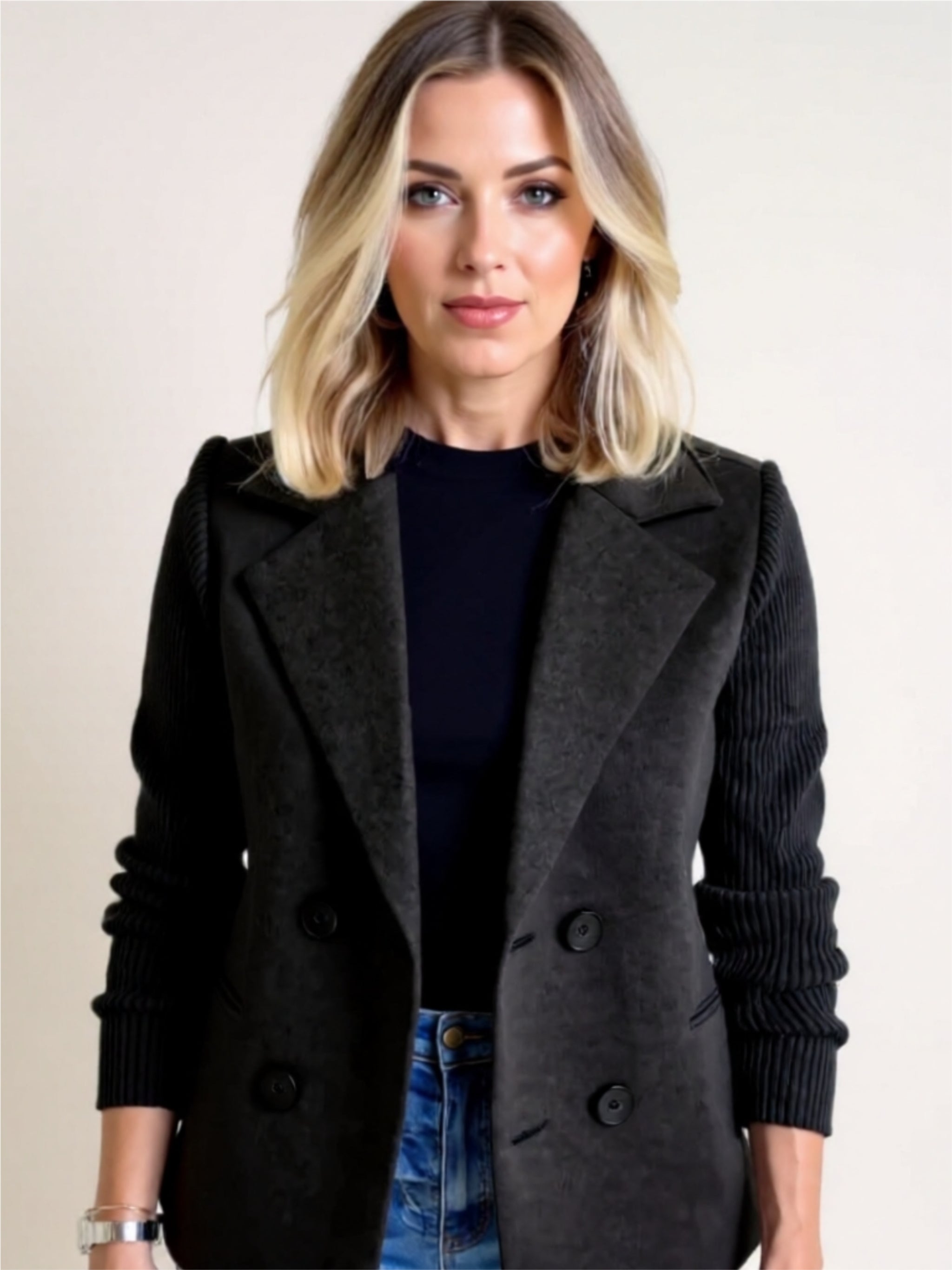 Double-Breasted Ribbed Sleeve Blazer