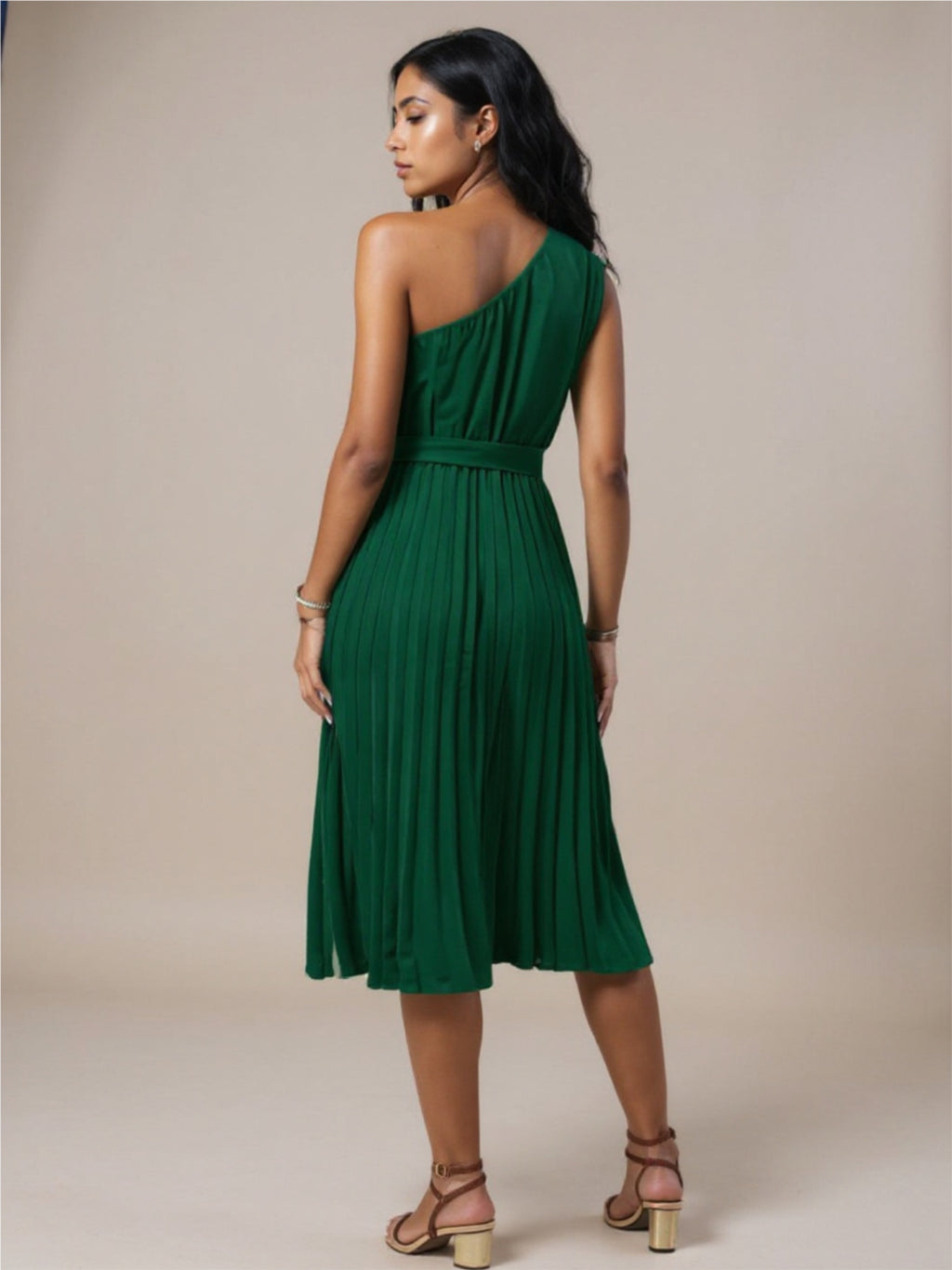 Green Pleated One Shoulder Midi Dress