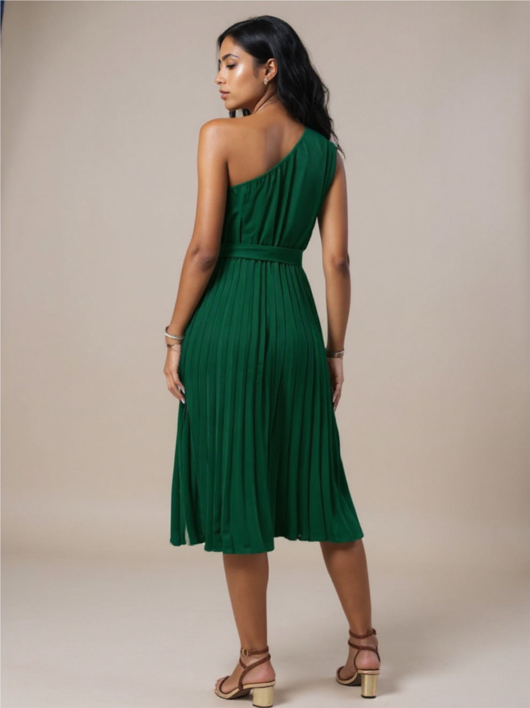 Green Pleated One Shoulder Midi Dress