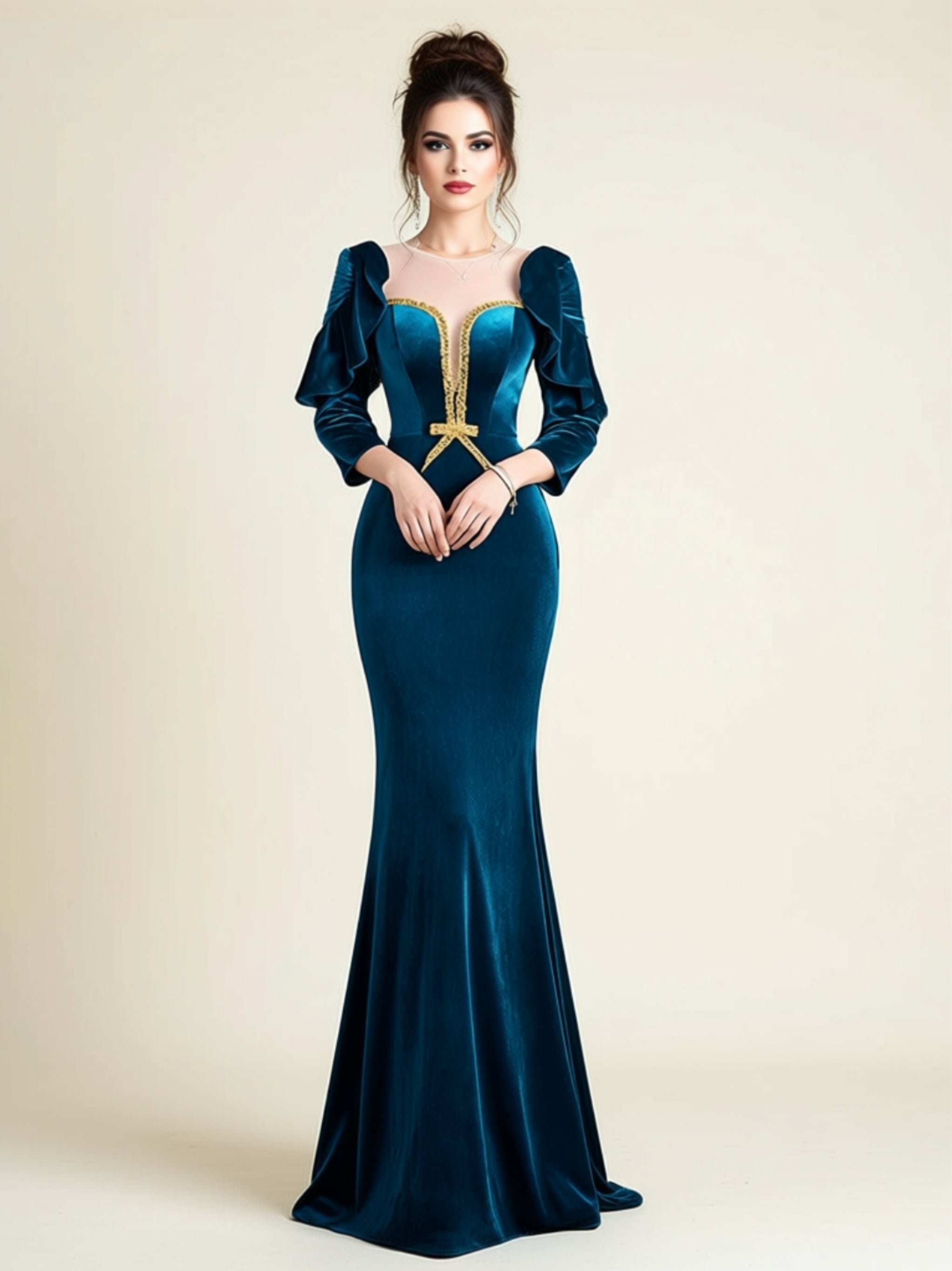 Teal Velvet Mermaid Evening Gown