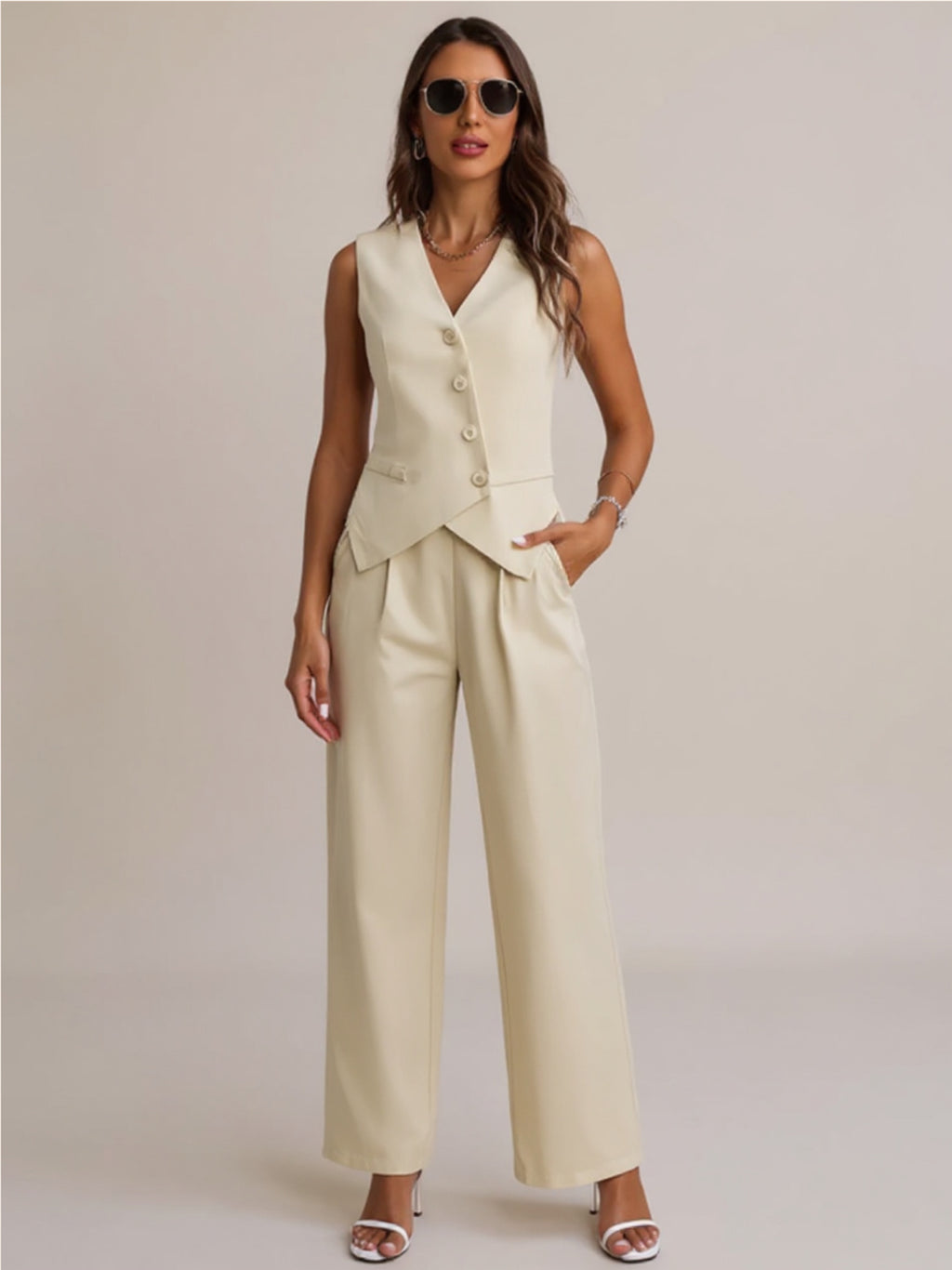 Beige Button Down V-Neck Vest & Pants Set