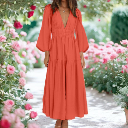 Deep V-Neck Balloon Sleeve Maxi Dress