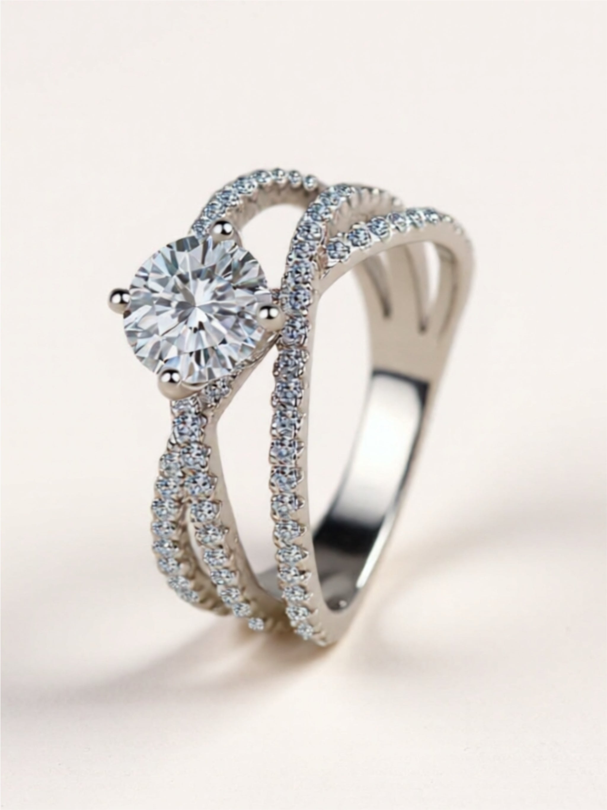Modern Crisscross Ring Sterling Silver with 1-Carat Moissanite & CZ Accents