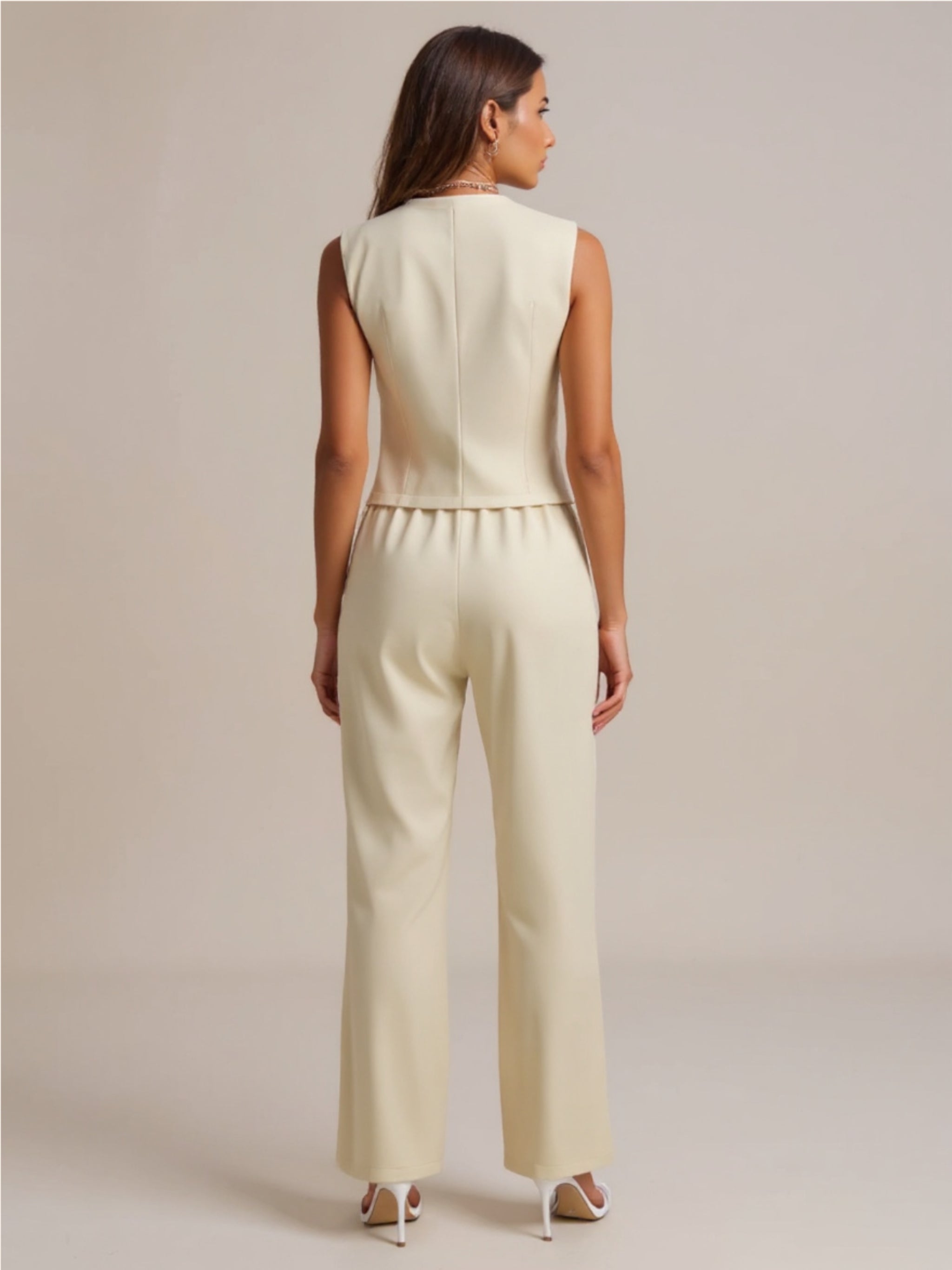 Beige Button Down V-Neck Vest & Pants Set
