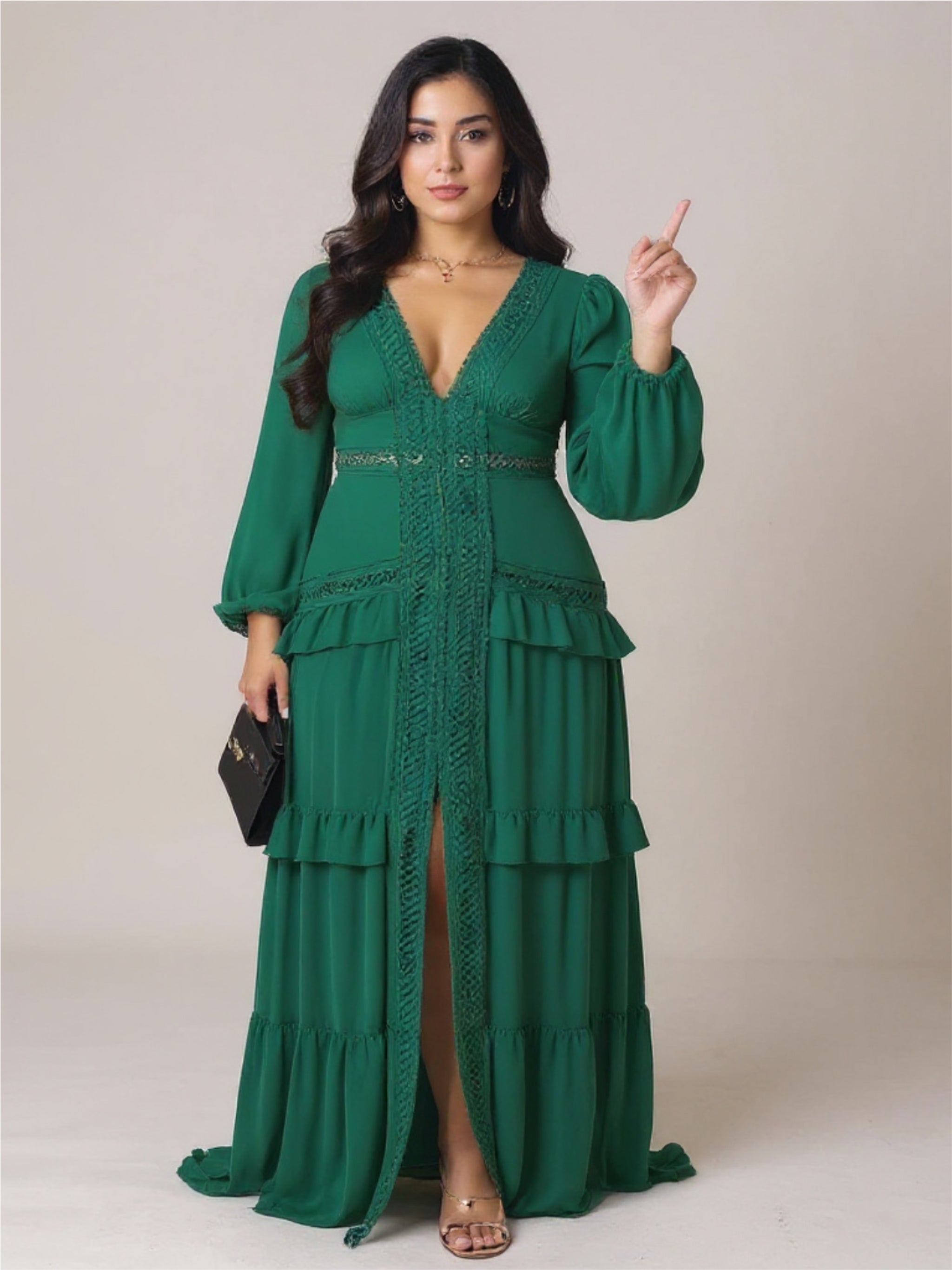 V-Neck Ruffled Long Sleeve Dress