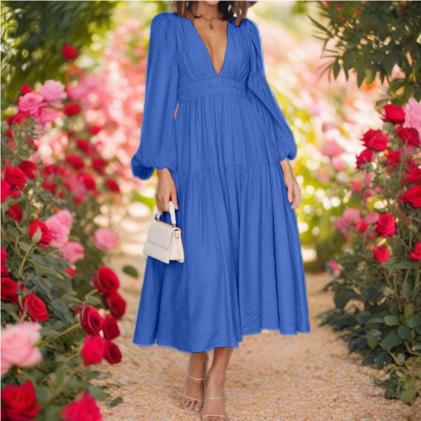 Deep V-Neck Balloon Sleeve Maxi Dress