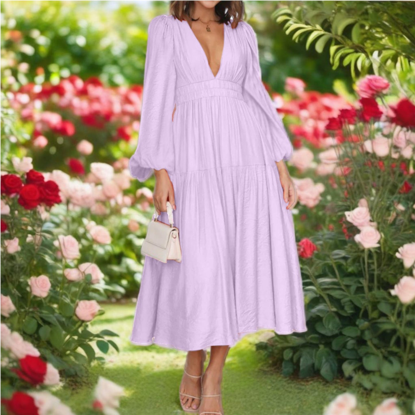 Deep V-Neck Balloon Sleeve Maxi Dress