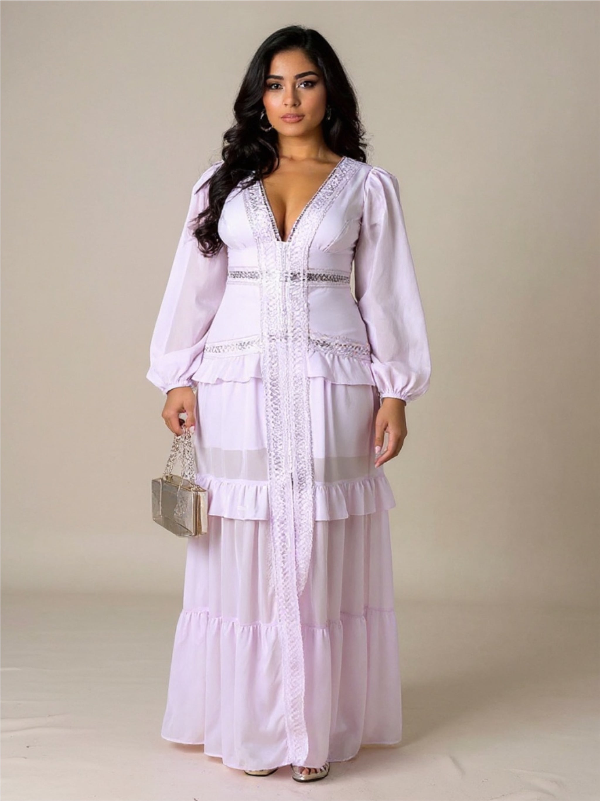 V-Neck Ruffled Long Sleeve Dress