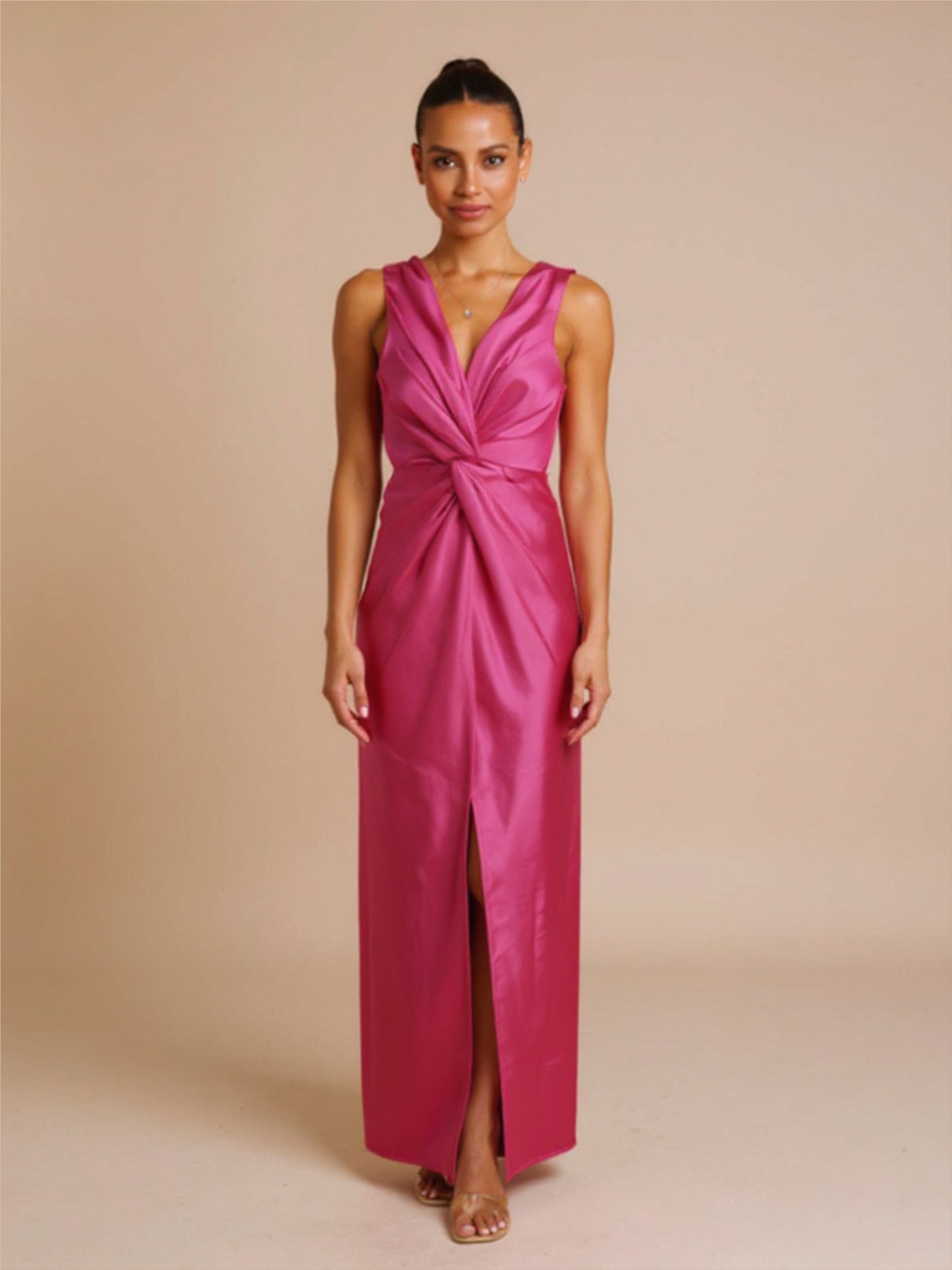 V-Neck Satin Knotted Dress