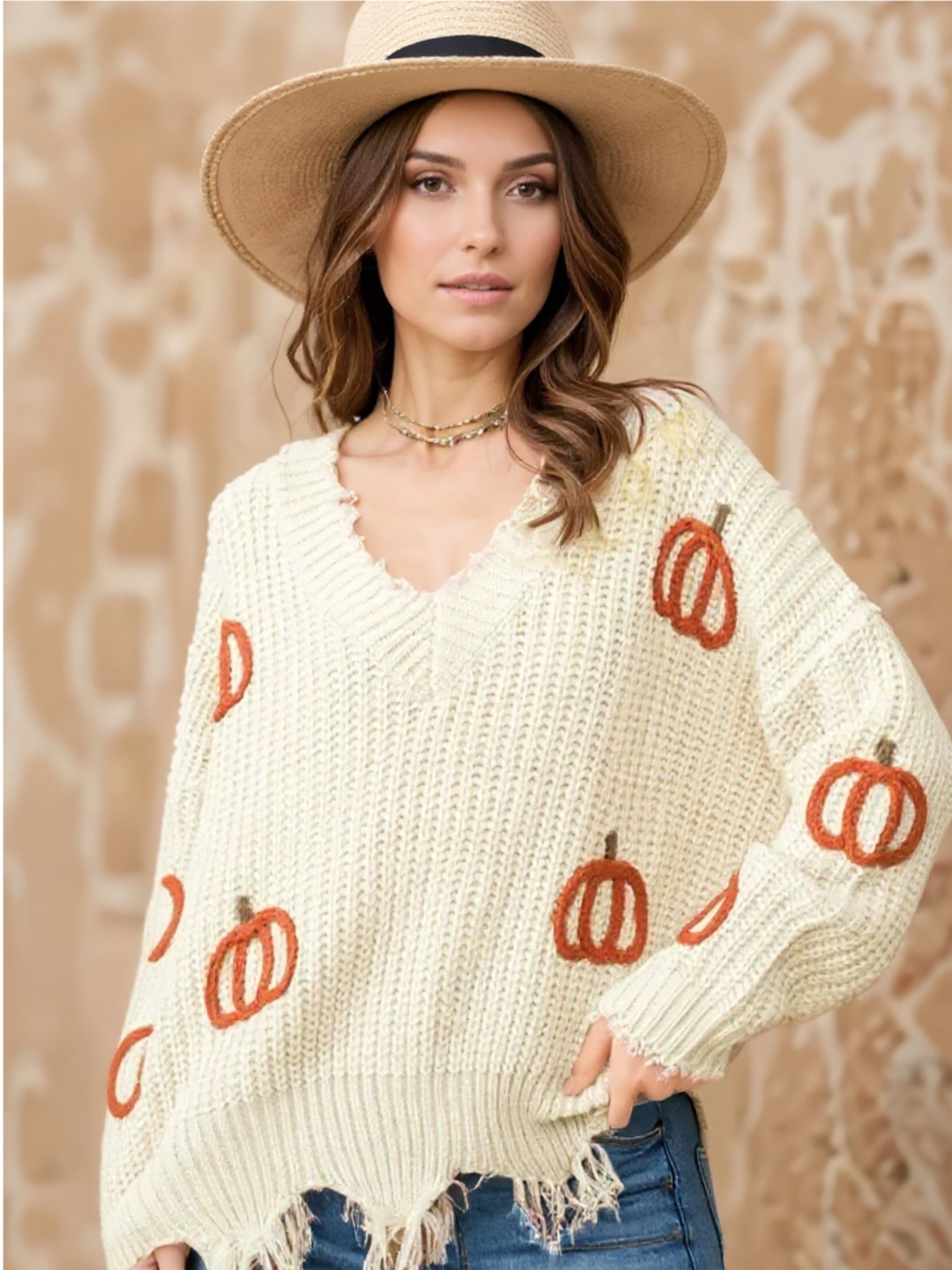 Raw Hem Pumpkin V-Neck Sweater