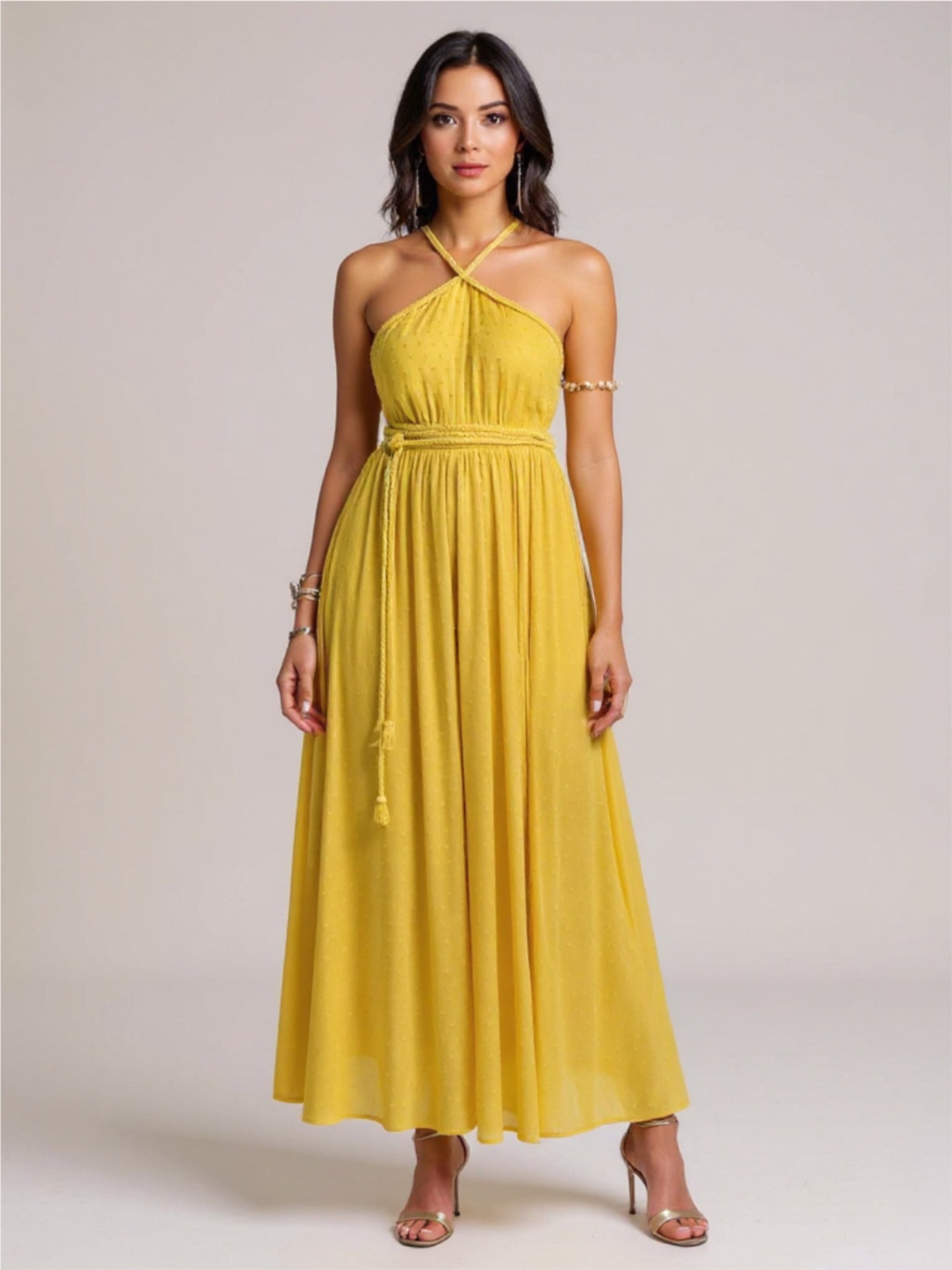 Mustard Swiss Dot Backless Maxi Dress