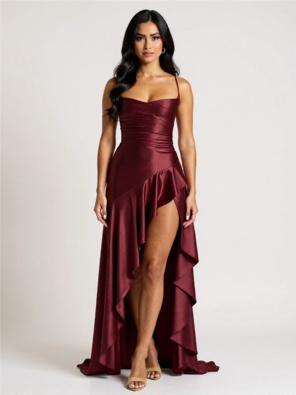 Graceful High-Low Evening Dress – Spaghetti Strap with Ruffle Hem
