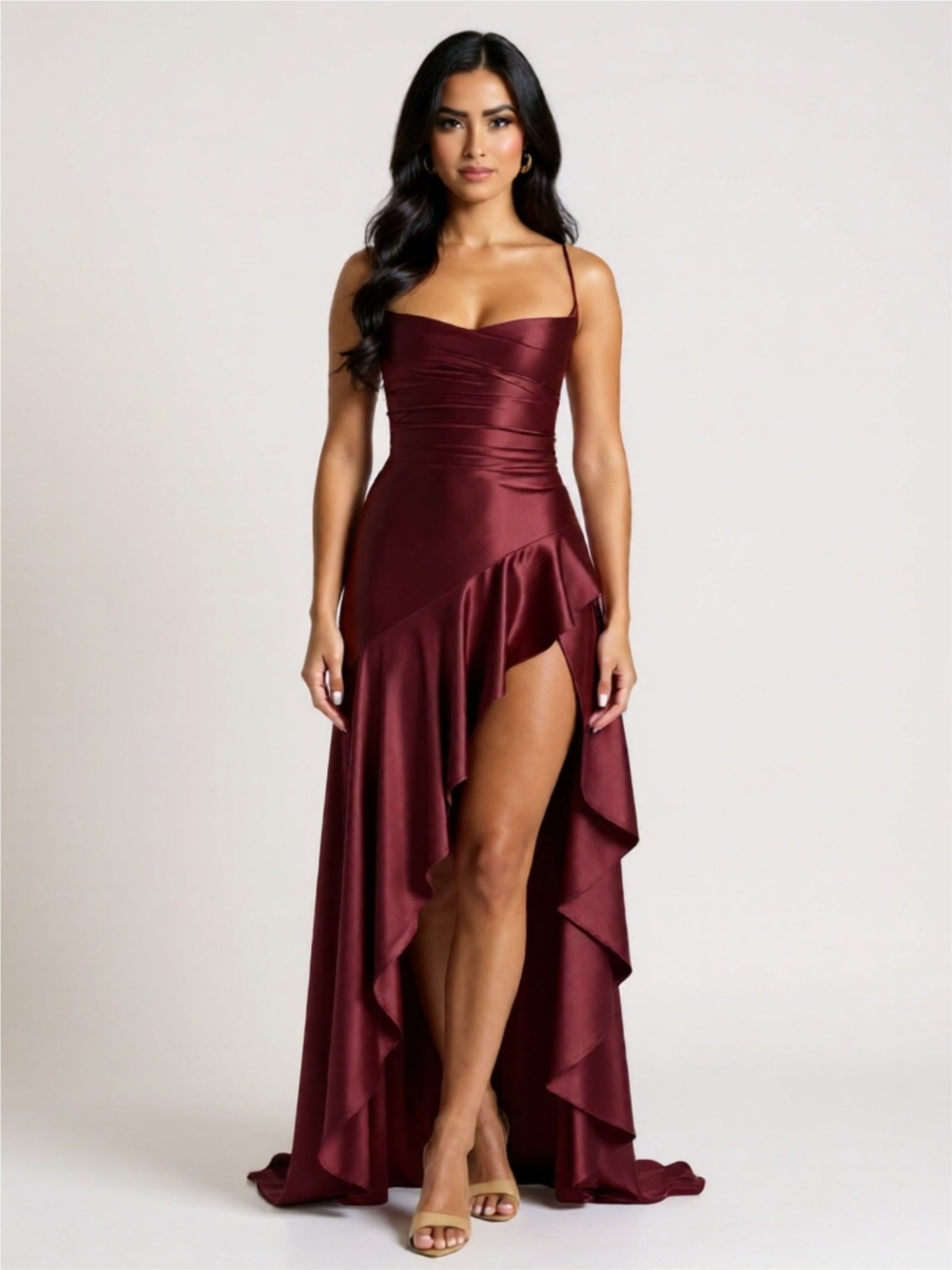 Graceful High-Low Evening Dress – Spaghetti Strap with Ruffle Hem