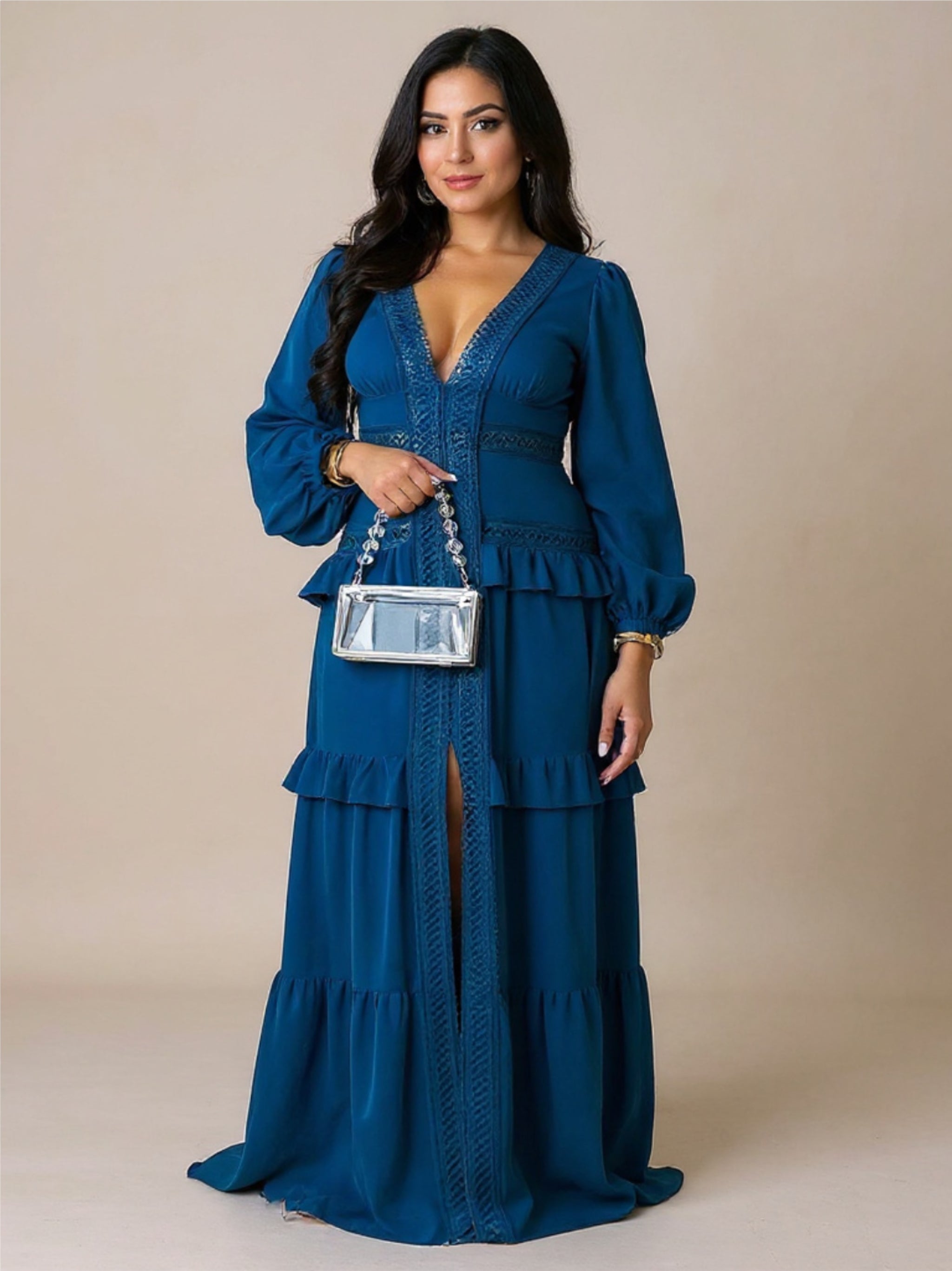 V-Neck Ruffled Long Sleeve Dress