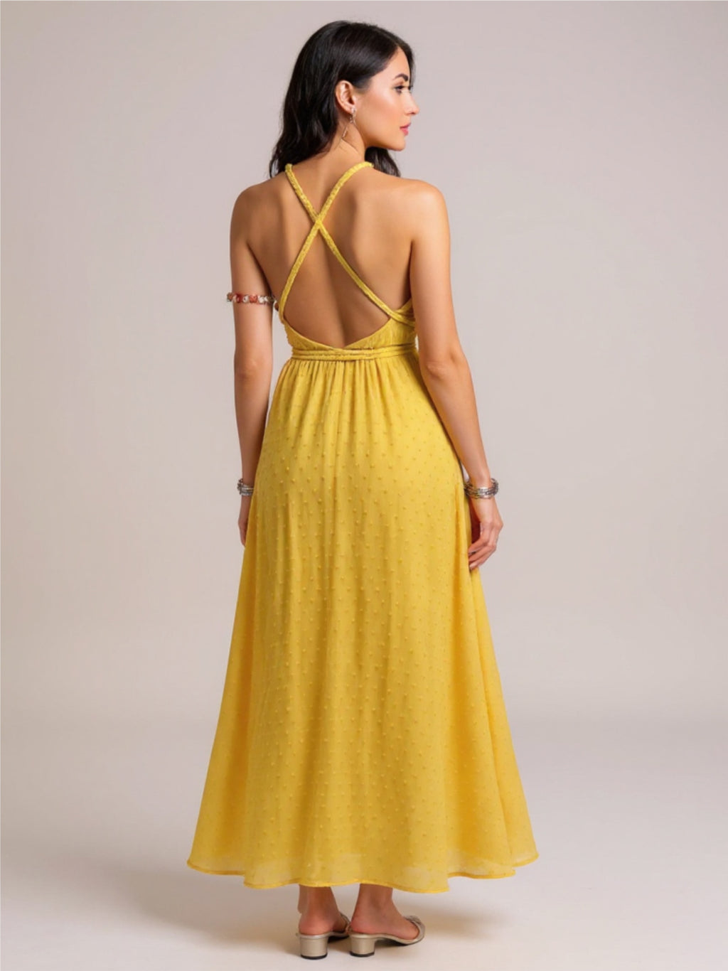 Mustard Swiss Dot Backless Maxi Dress