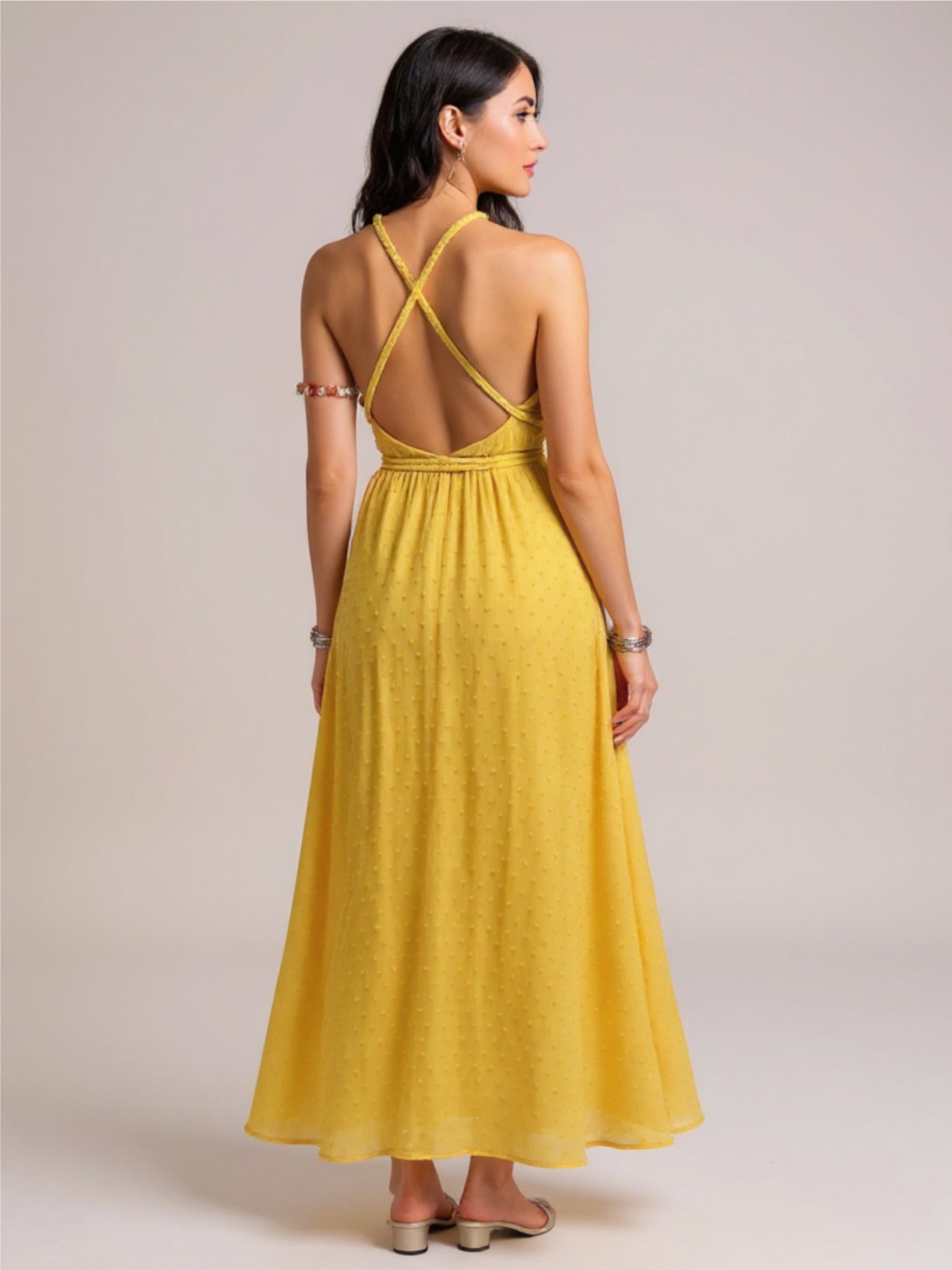 Mustard Swiss Dot Backless Maxi Dress