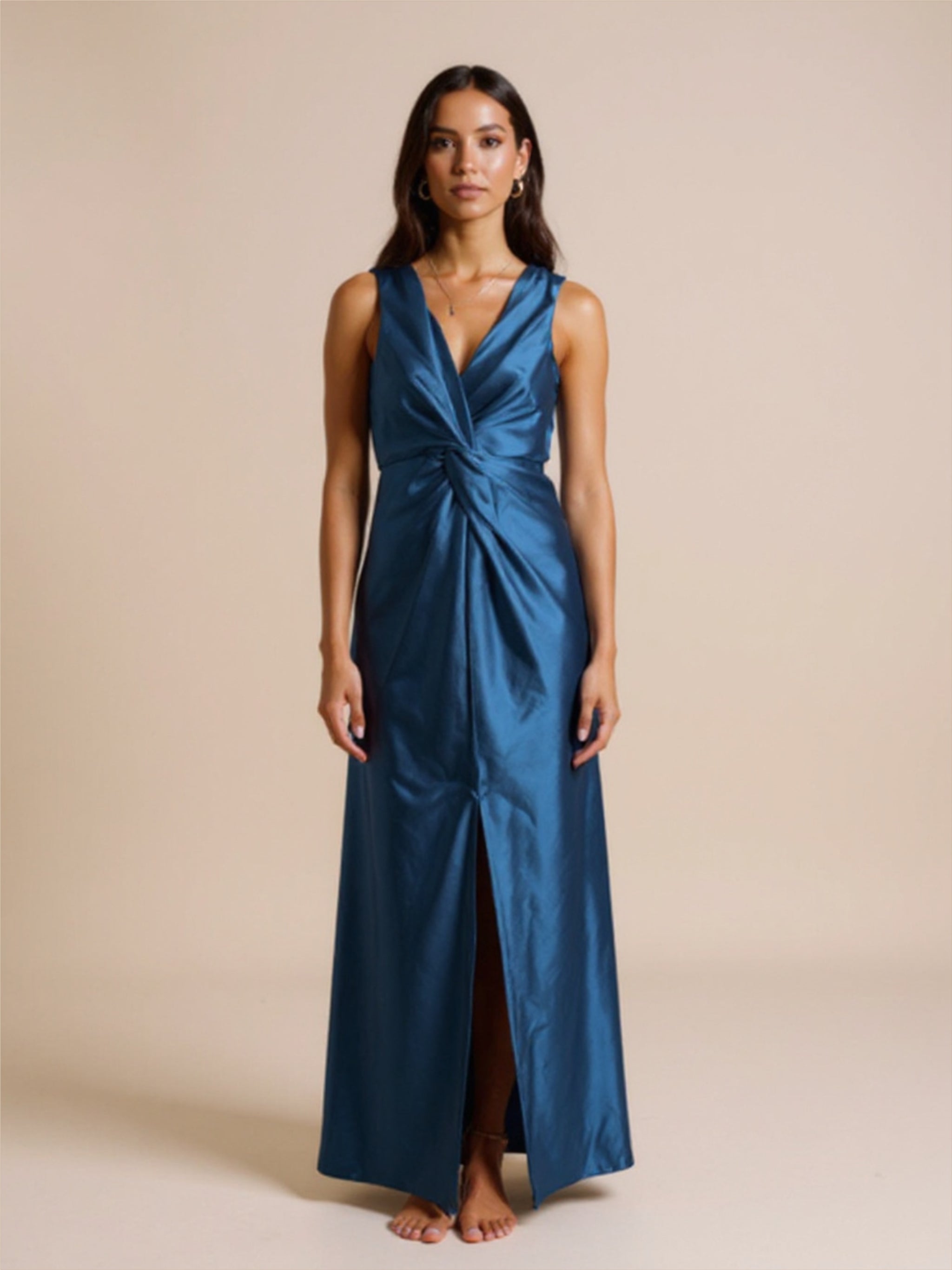 V-Neck Satin Knotted Dress