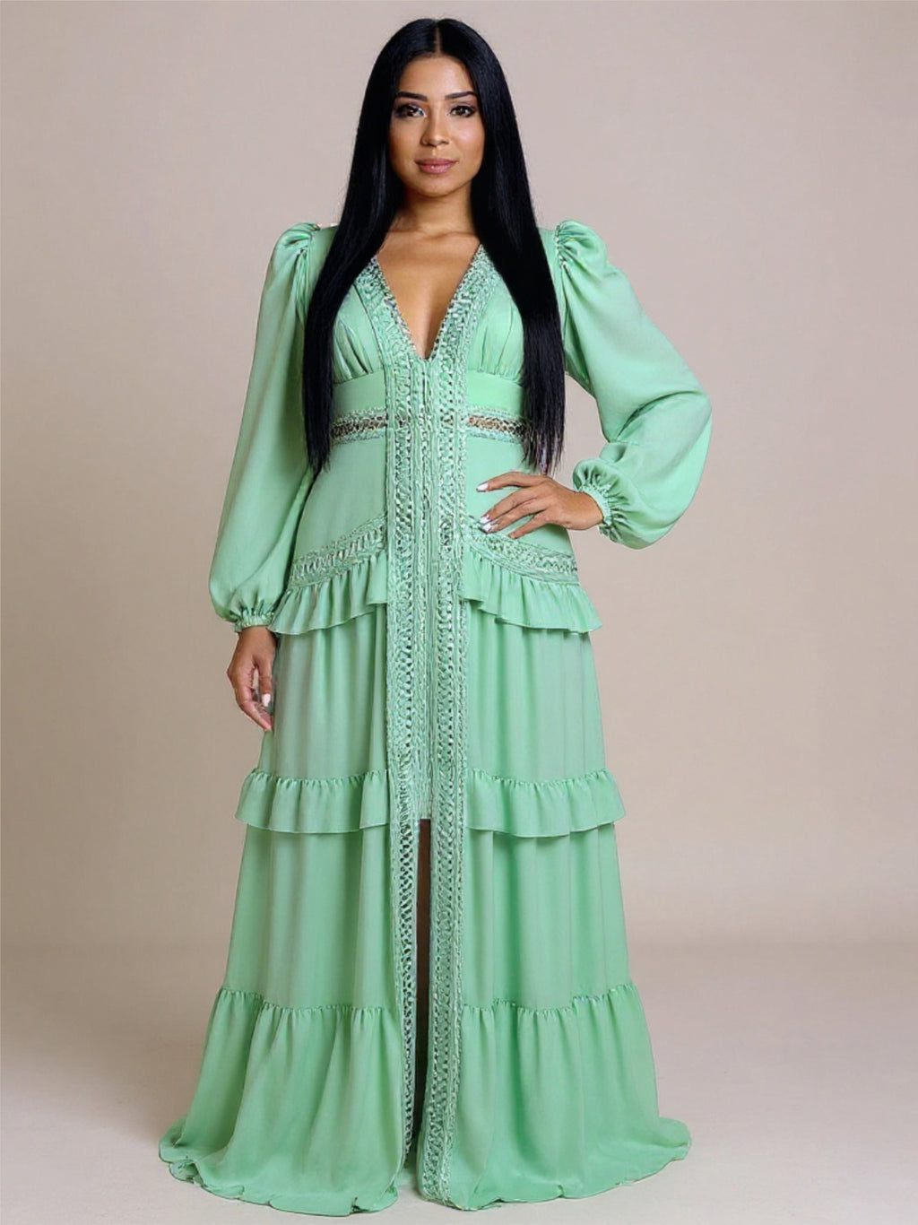 V-Neck Ruffled Long Sleeve Dress