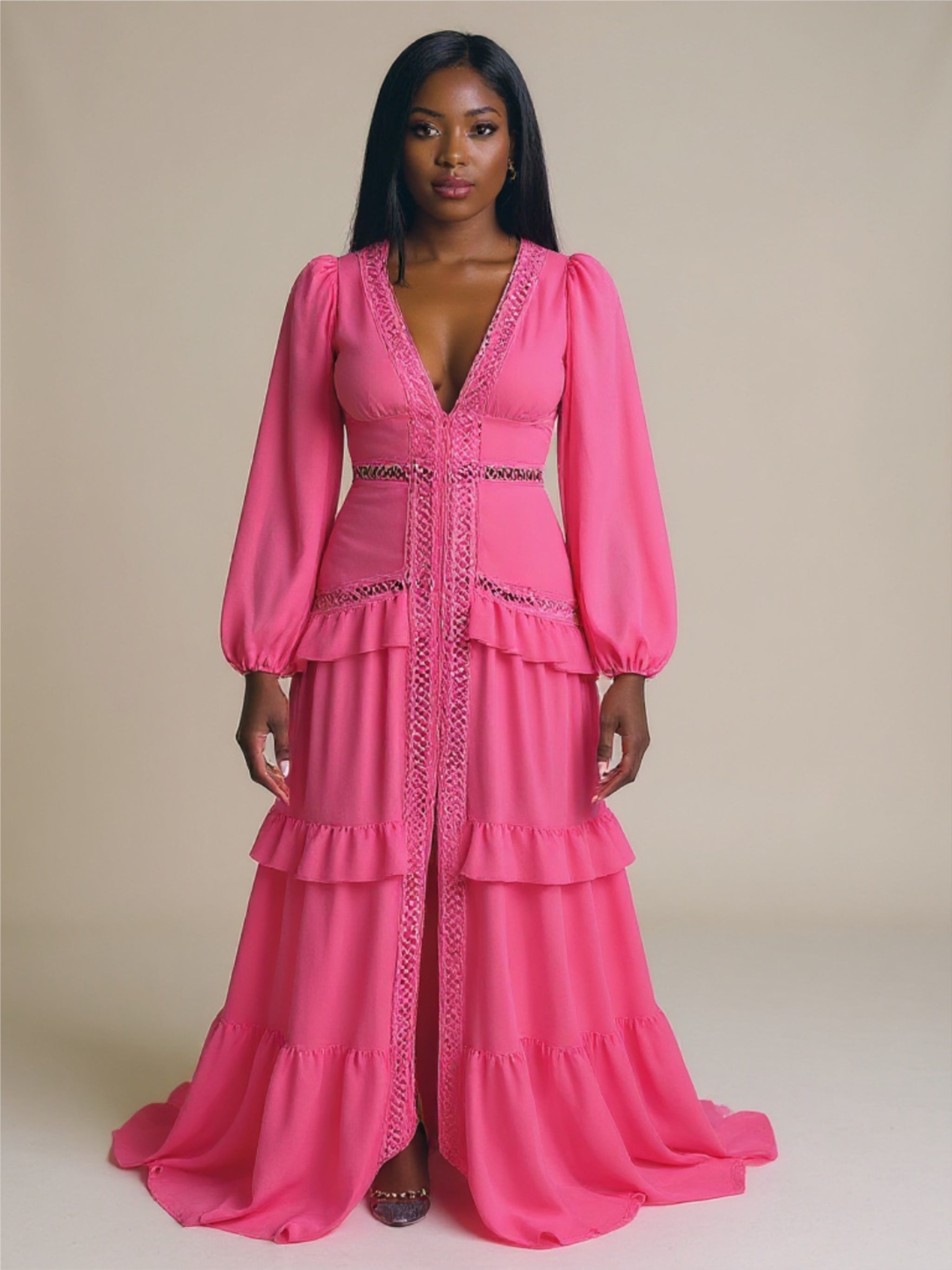 V-Neck Ruffled Long Sleeve Dress