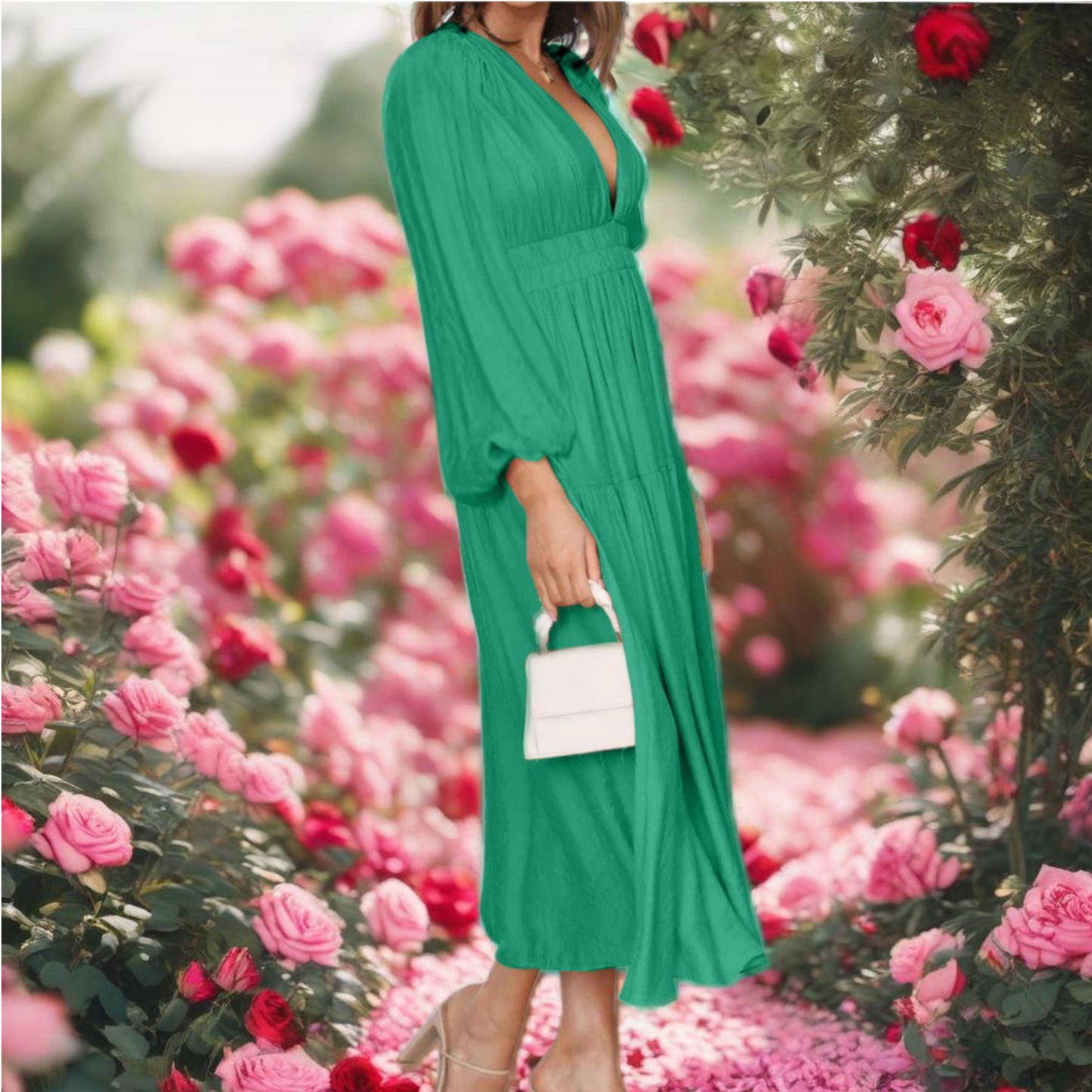 Deep V-Neck Balloon Sleeve Maxi Dress