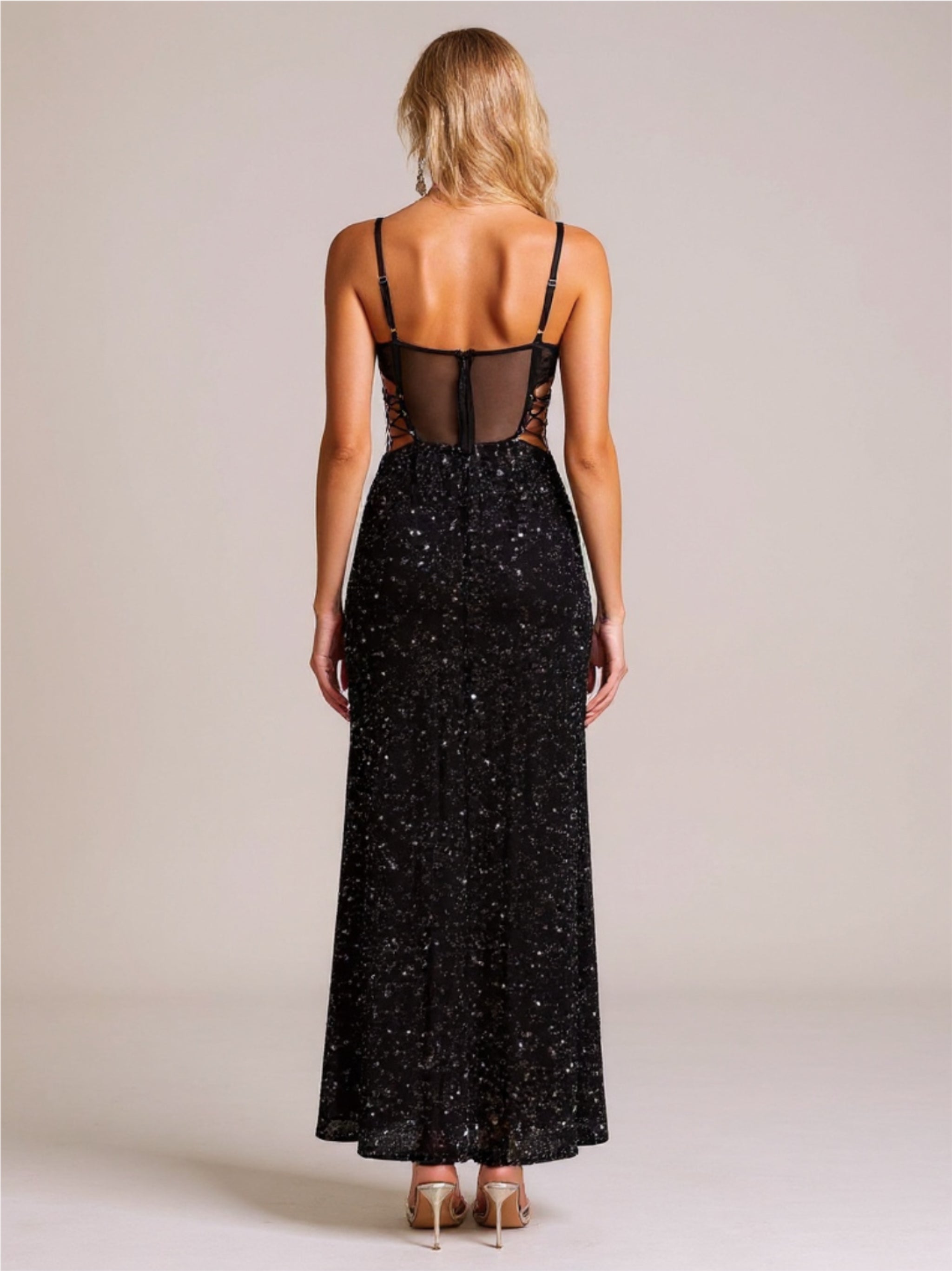 Lace-Up Sequin Maxi Dress with High Slit