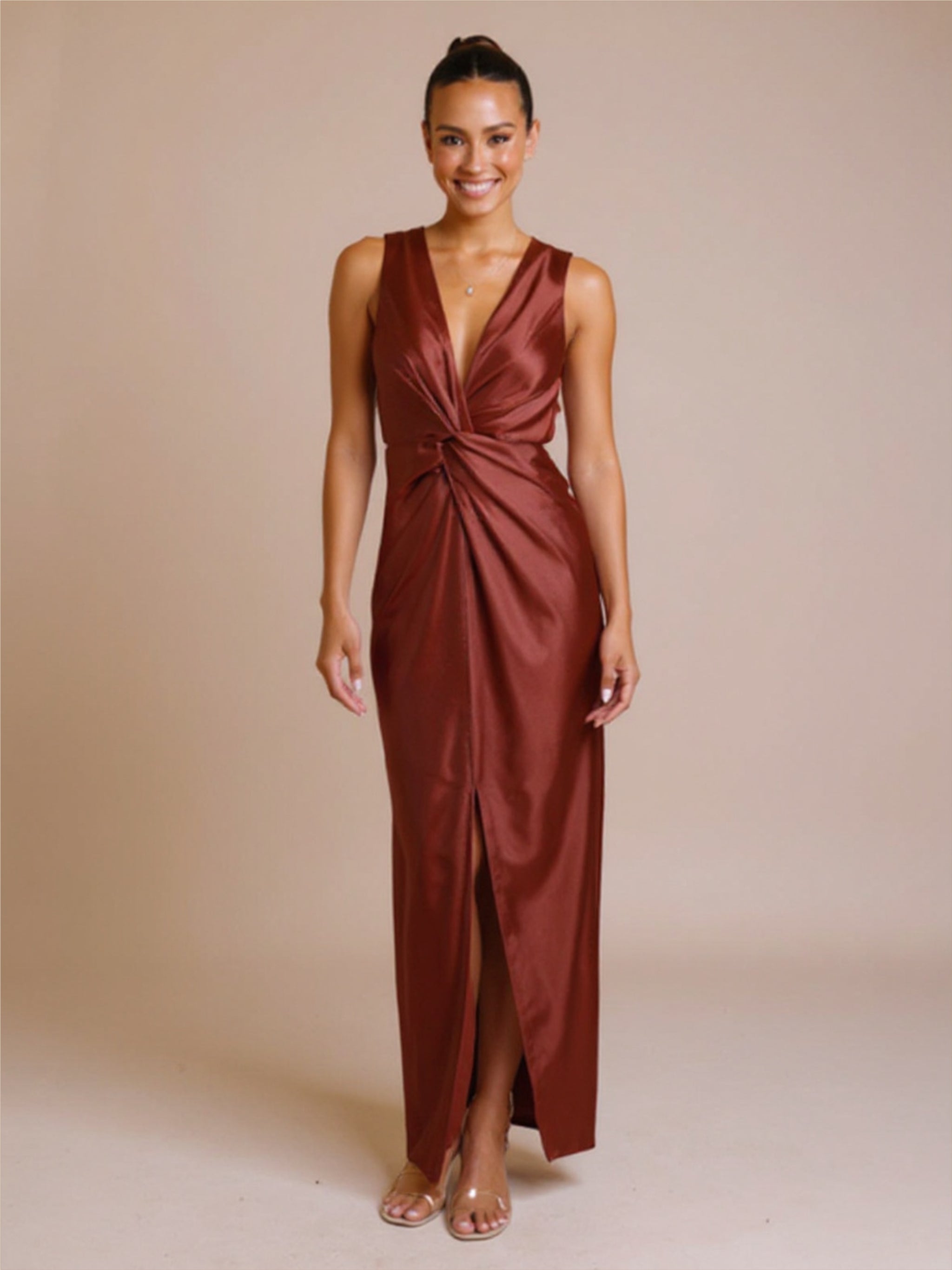 V-Neck Satin Knotted Dress