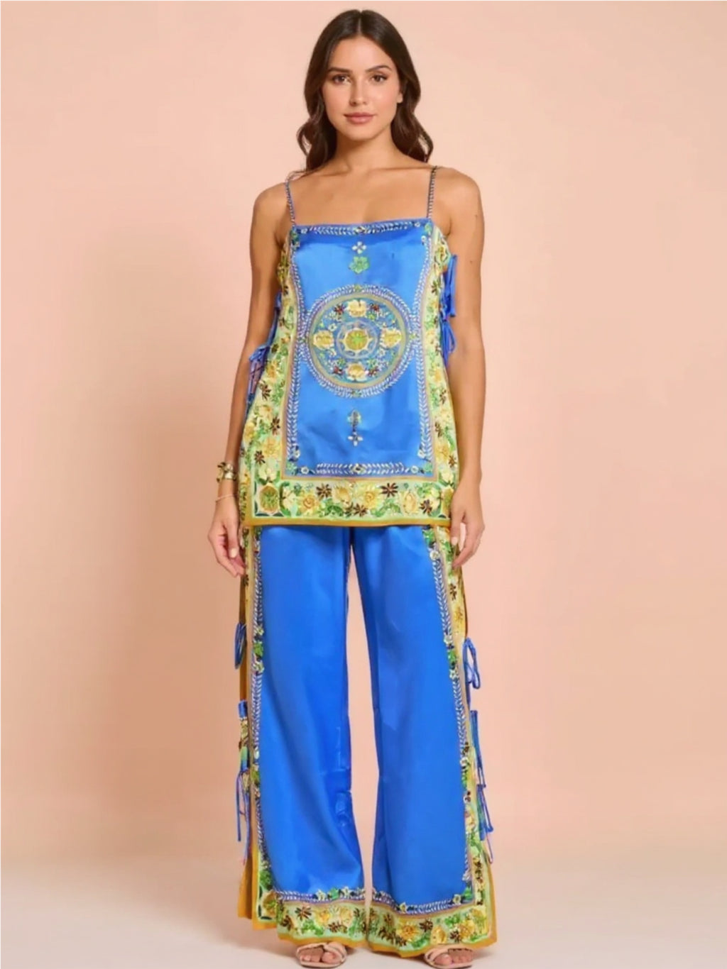 Blue Floral Side Tied Cami &  Pants Set