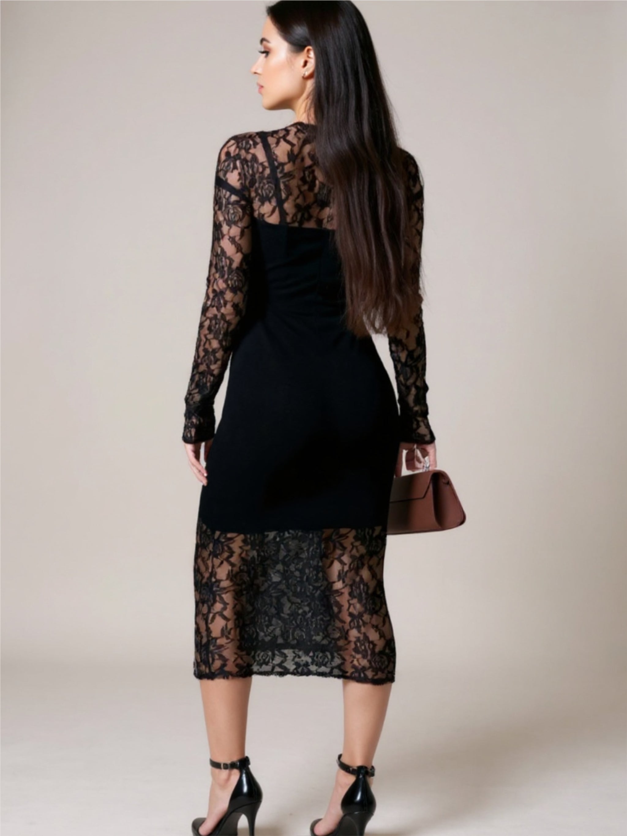 Black Lace Round Neck Long Sleeve Midi Dress