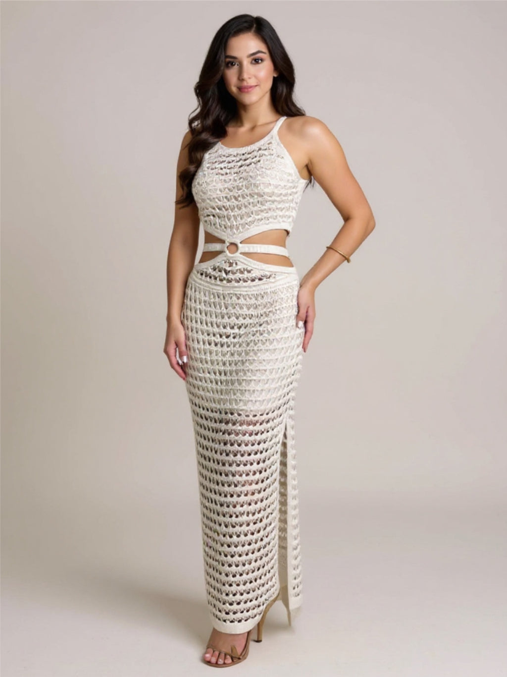 Round Neck Knit Dress with Slit & Cutouts