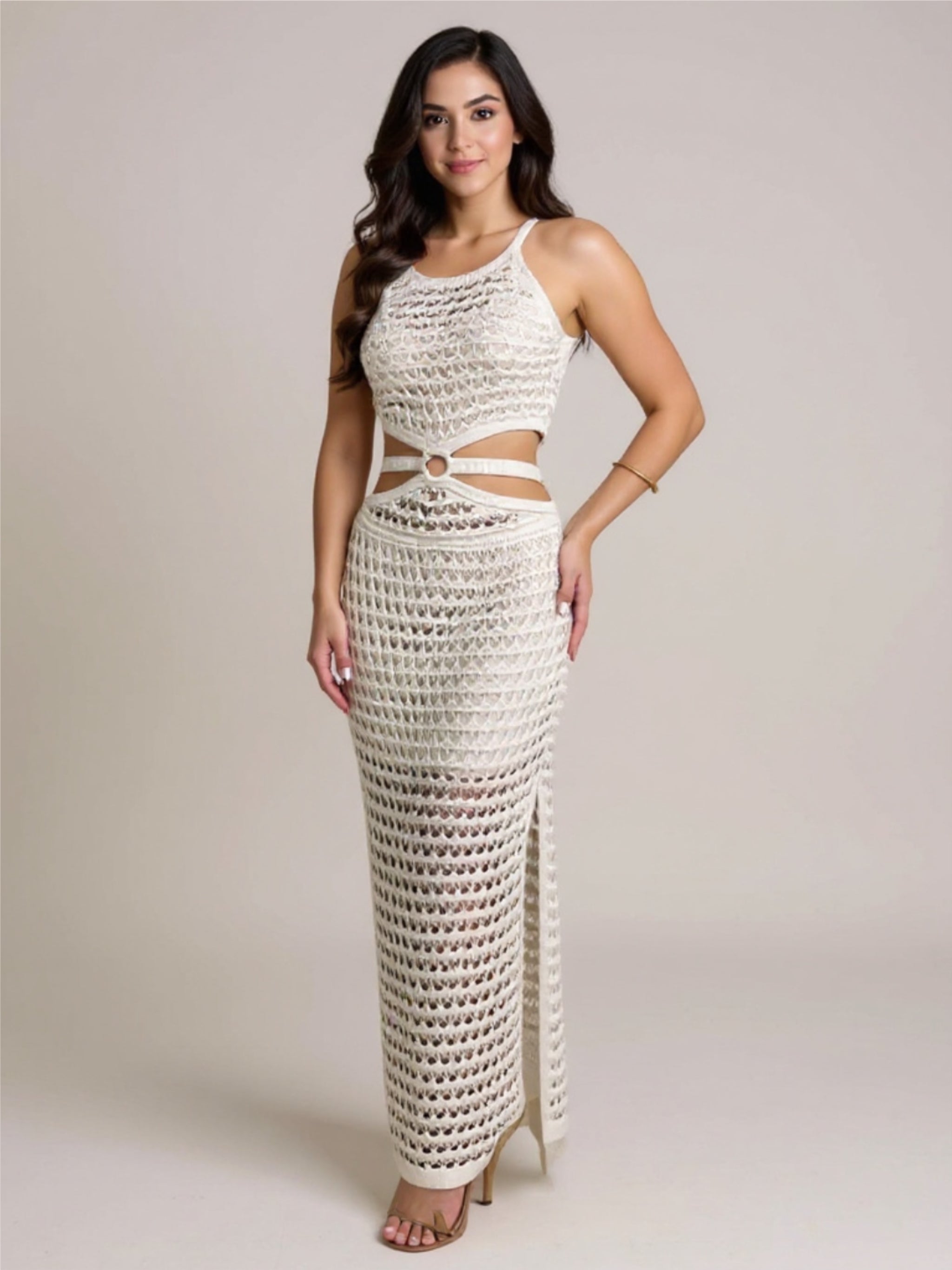 Round Neck Knit Dress with Slit & Cutouts